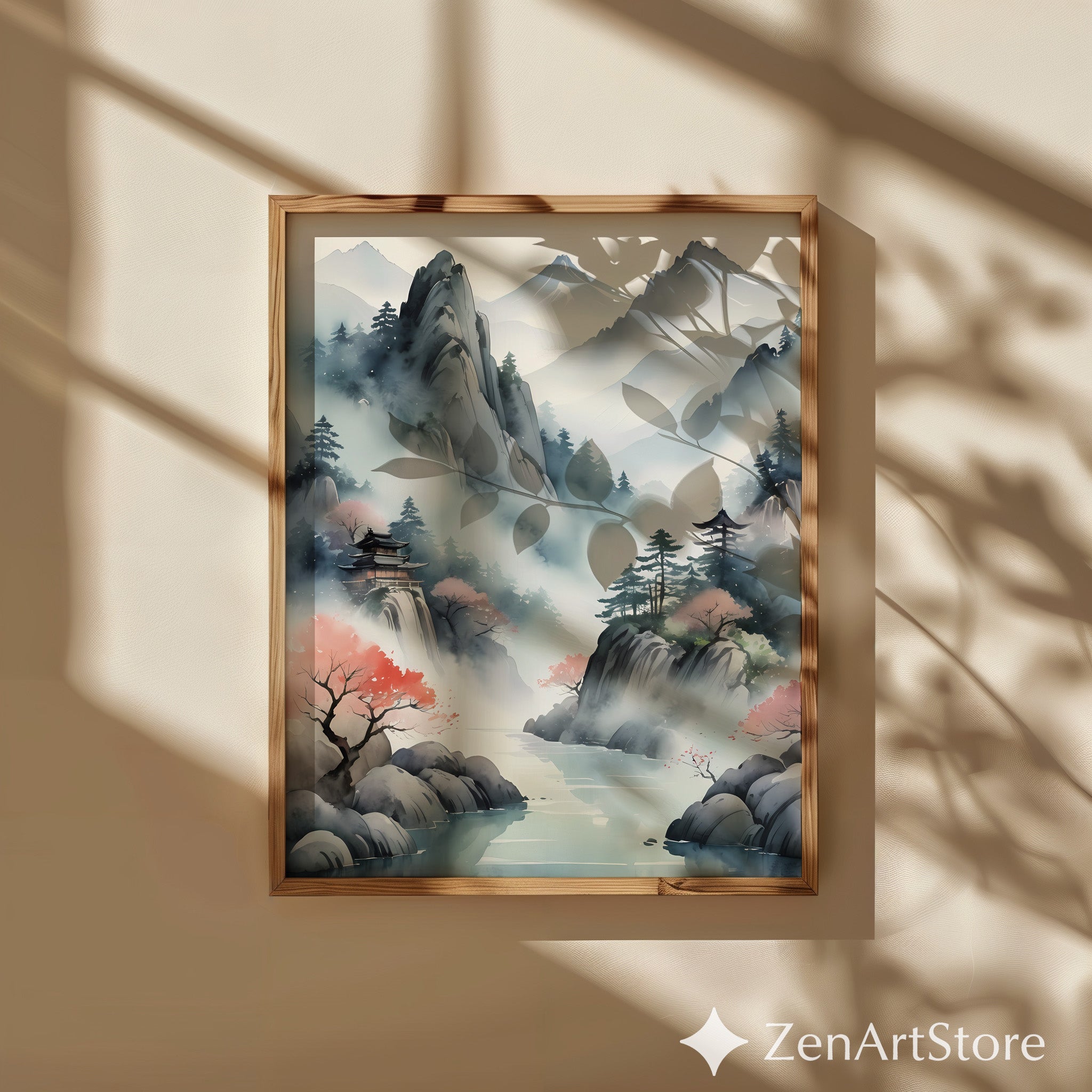 Misty Japanese Mountain Landscape Print - Zen Pagoda Sakura Watercolor Art for Japandi Wabi Sabi Home Decor