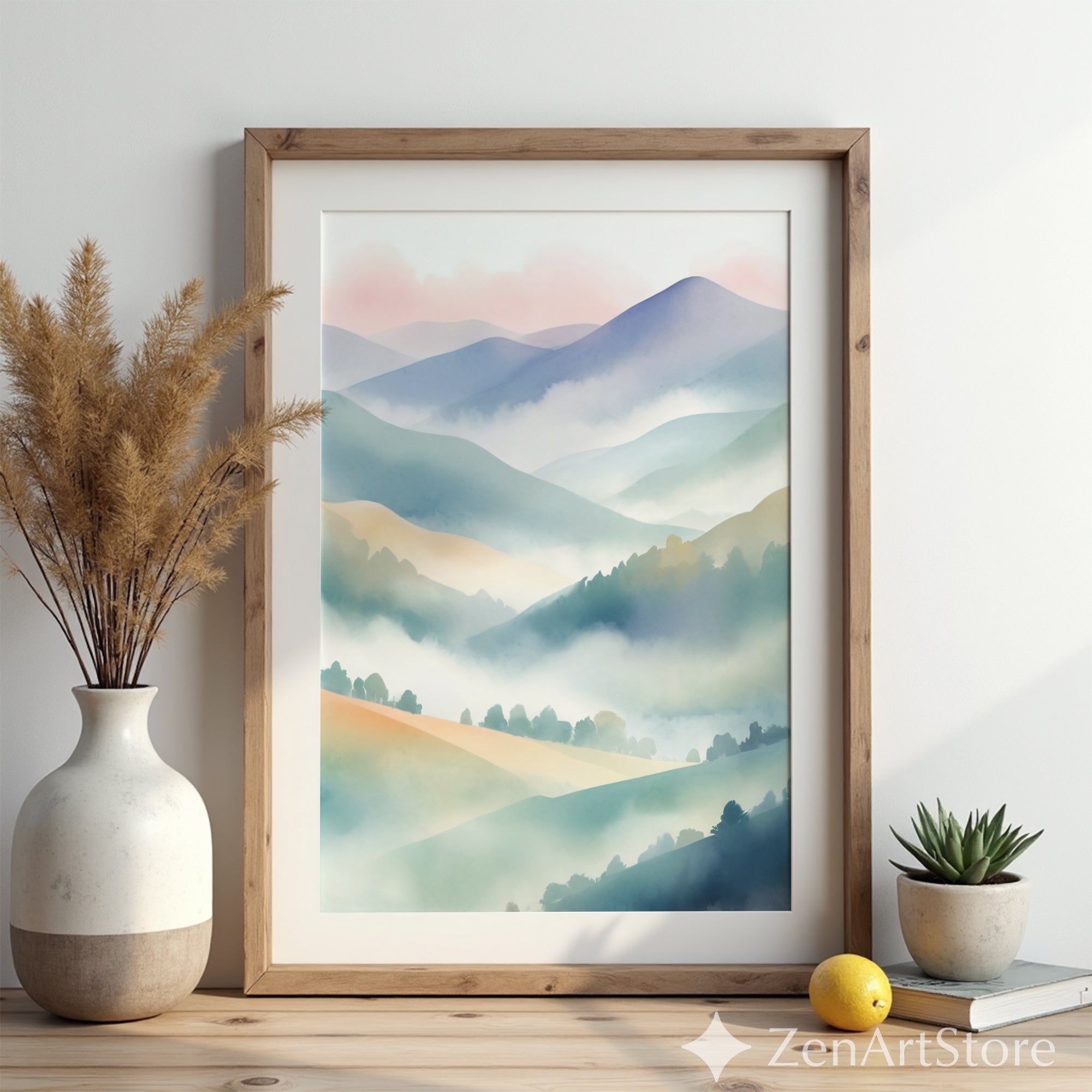 Misty Mountain Pastel Wall Art | Japandi Zen Landscape Print for Calm Minimal Home Decor
