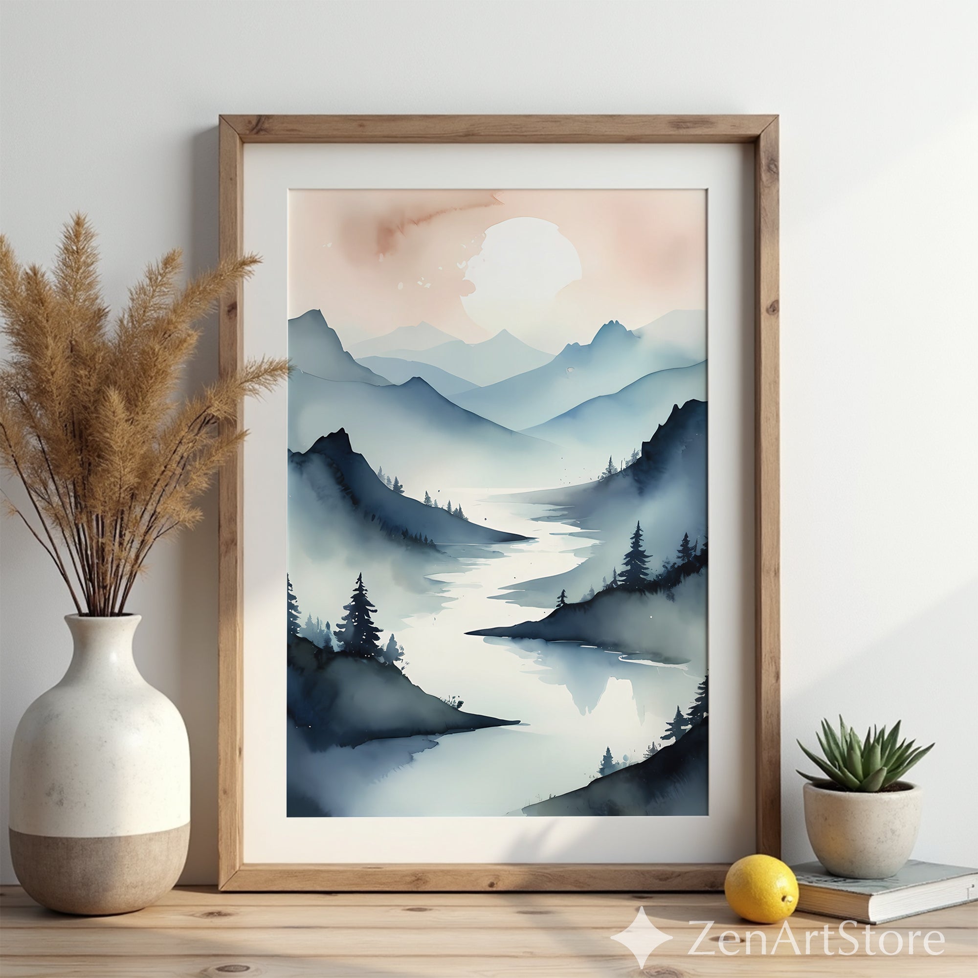 Misty Mountain Watercolor Print - Minimalist Landscape Wall Art, Japandi Scandinavian Calm Neutral Blue Beige Home Decor
