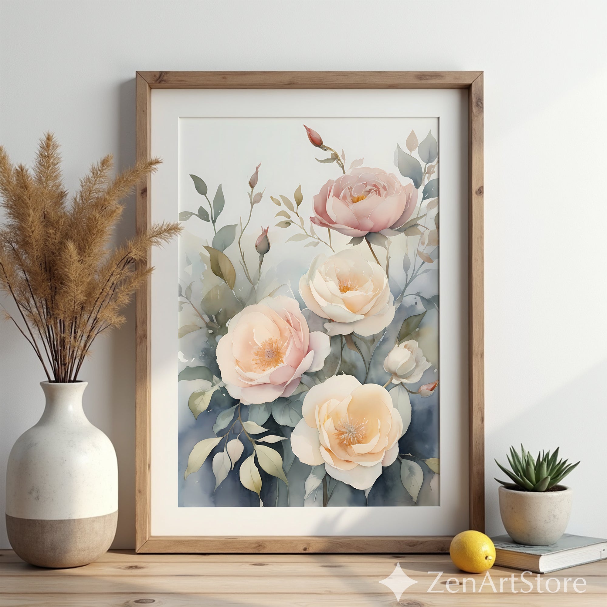 Blush Peony Watercolor Print - Neutral Botanical Wall Art, Japandi Minimal Floral Decor for Living Room & Bedroom