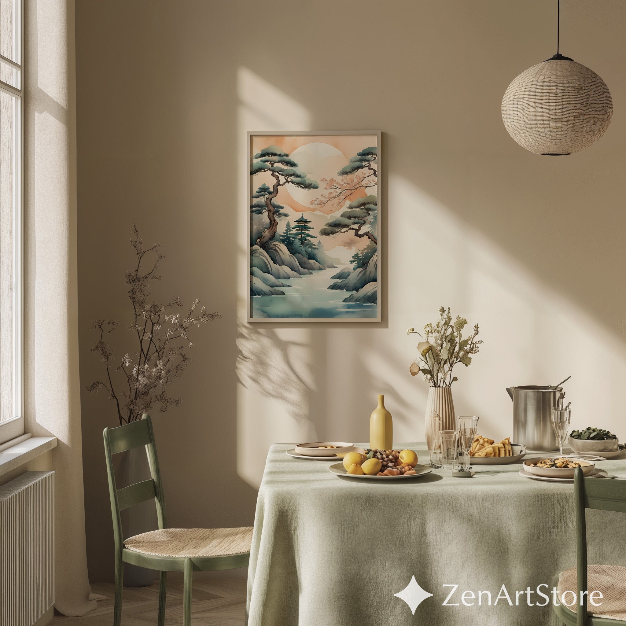 Zen Japanese Landscape Print - Japandi Minimal Wall Art with Pine Trees, Moon & Watercolor Sunrise, Neutral Home Decor