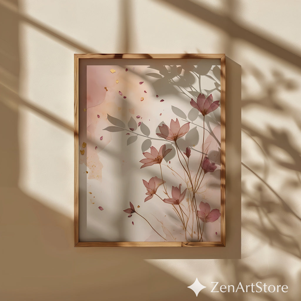 Blush Floral Wall Art Print - Minimal Botanical Line Art, Neutral Japandi Home Decor, Pink Beige Abstract Flower Poster