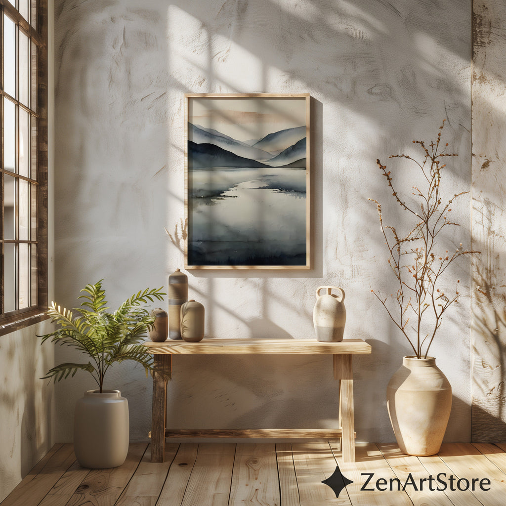 Minimal Abstract Mountain Lake Print - Neutral Japandi Wall Art, Calm Scandinavian Landscape