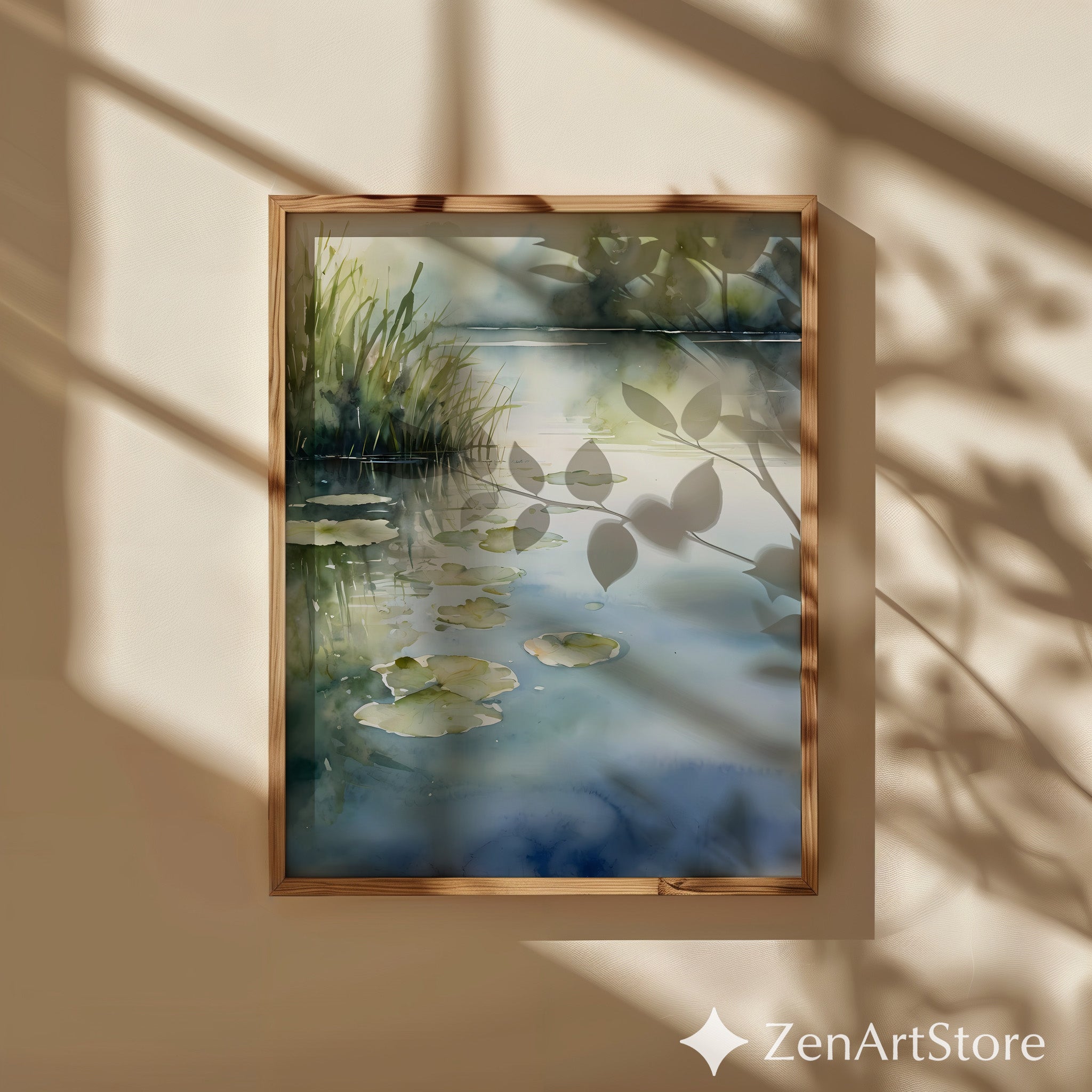 Serene Watercolor Pond Print - Waterlily & Reeds Botanical Wall Art for Living Room, Bedroom, Japandi Minimal Home Decor