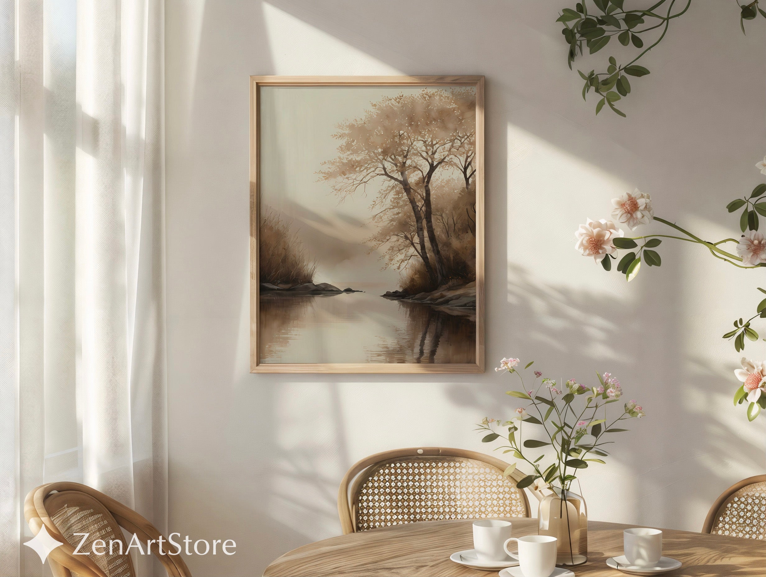 Serene Sepia Lake Landscape Print – Minimal Japandi Wabi Sabi Wall Art, Neutral Brown Beige Canvas or Digital Download