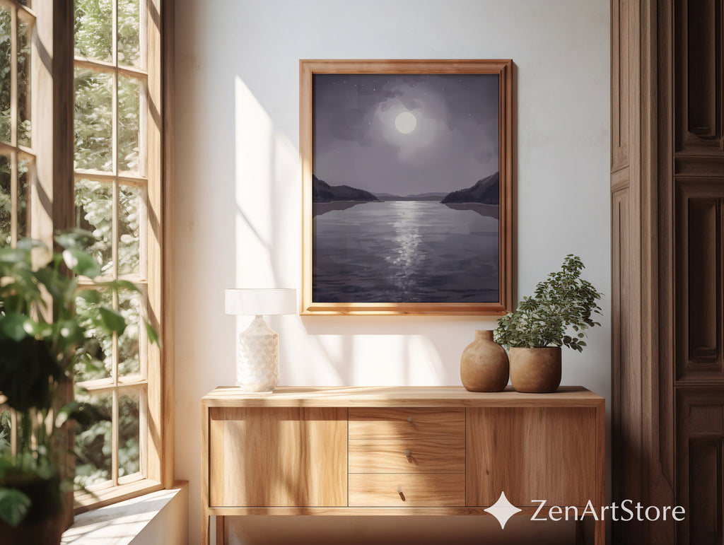 Moonlit Lake Minimalist Wall Art - Calming Neutral Landscape Print for Bedroom, Living Room, Japandi & Scandinavian Decor