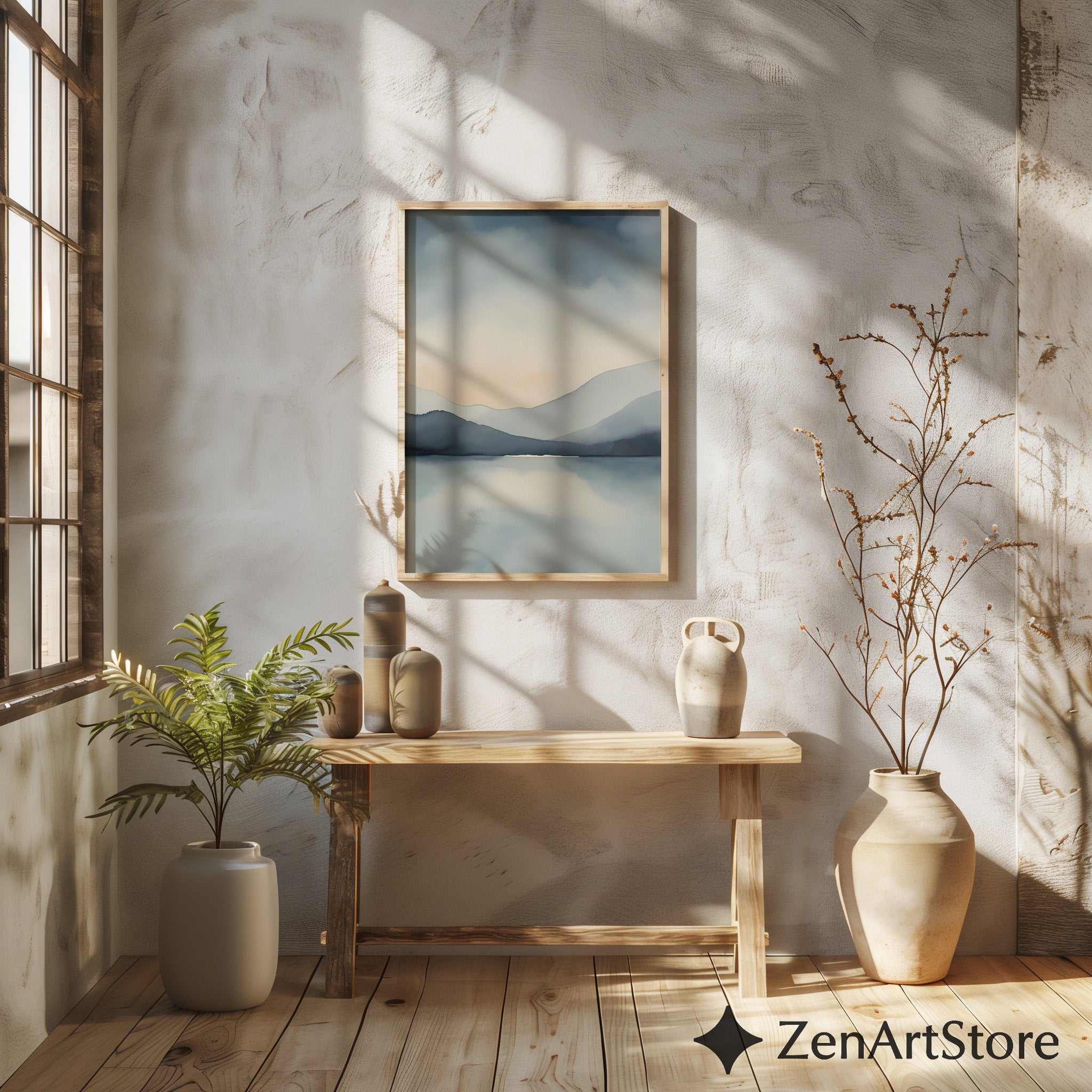 Zen Minimal Japanese Mountain Lake Printable Wall Art - Calm Abstract Landscape