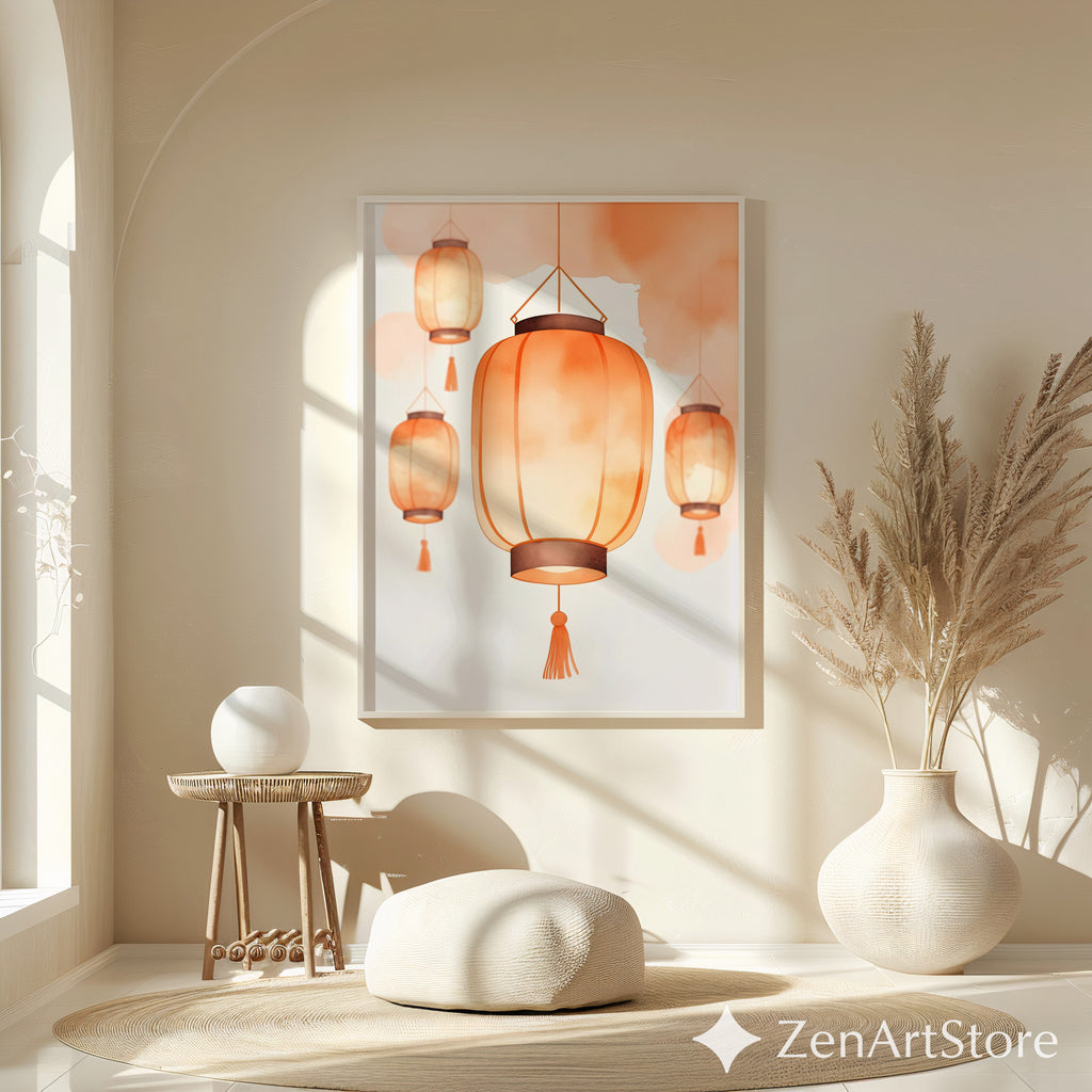 Warm Orange Lantern Wall Art - Minimal Paper Lantern Print, Japandi Zen Home Decor, Digital Download & Fine Art Print