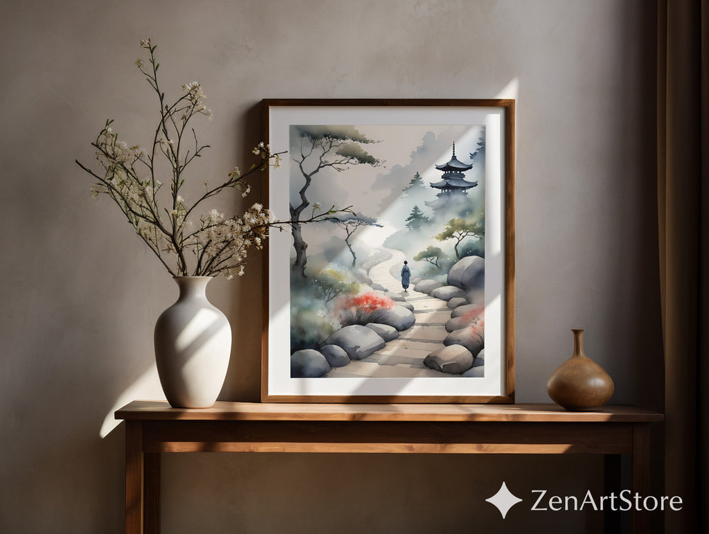 Misty Pagoda Path Watercolor Art Print - Zen Japanese Landscape, Japandi Minimal Wall Art for Living Room, Bedroom, Meditation Space