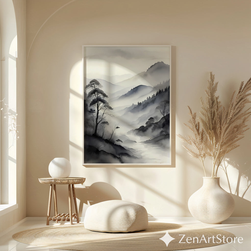 Misty Mountain Sumi-e Print - Minimal Zen Landscape Wall Art, Japandi Monochrome Canvas or Digital Download