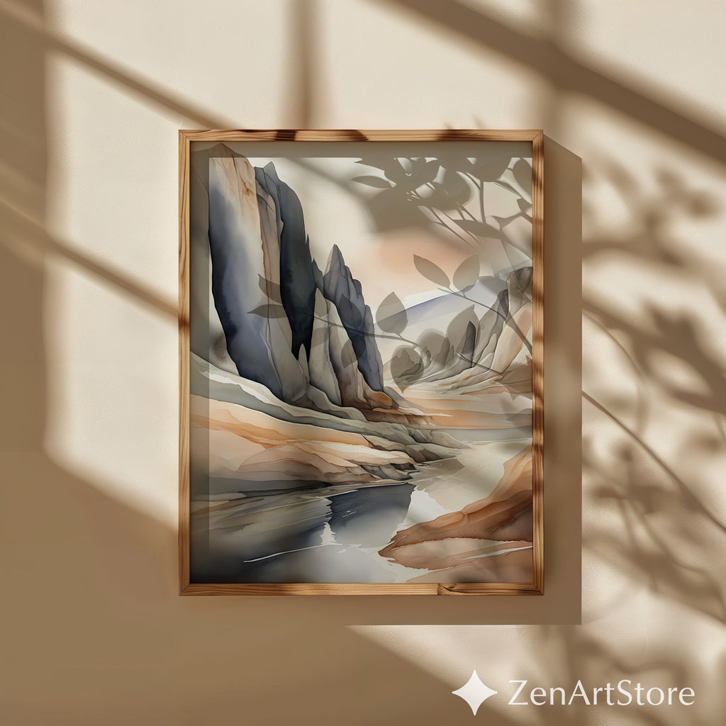 Neutral Abstract Landscape Art Print — Japandi Minimalist Mountain Wall Art, Beige & Slate Home Decor