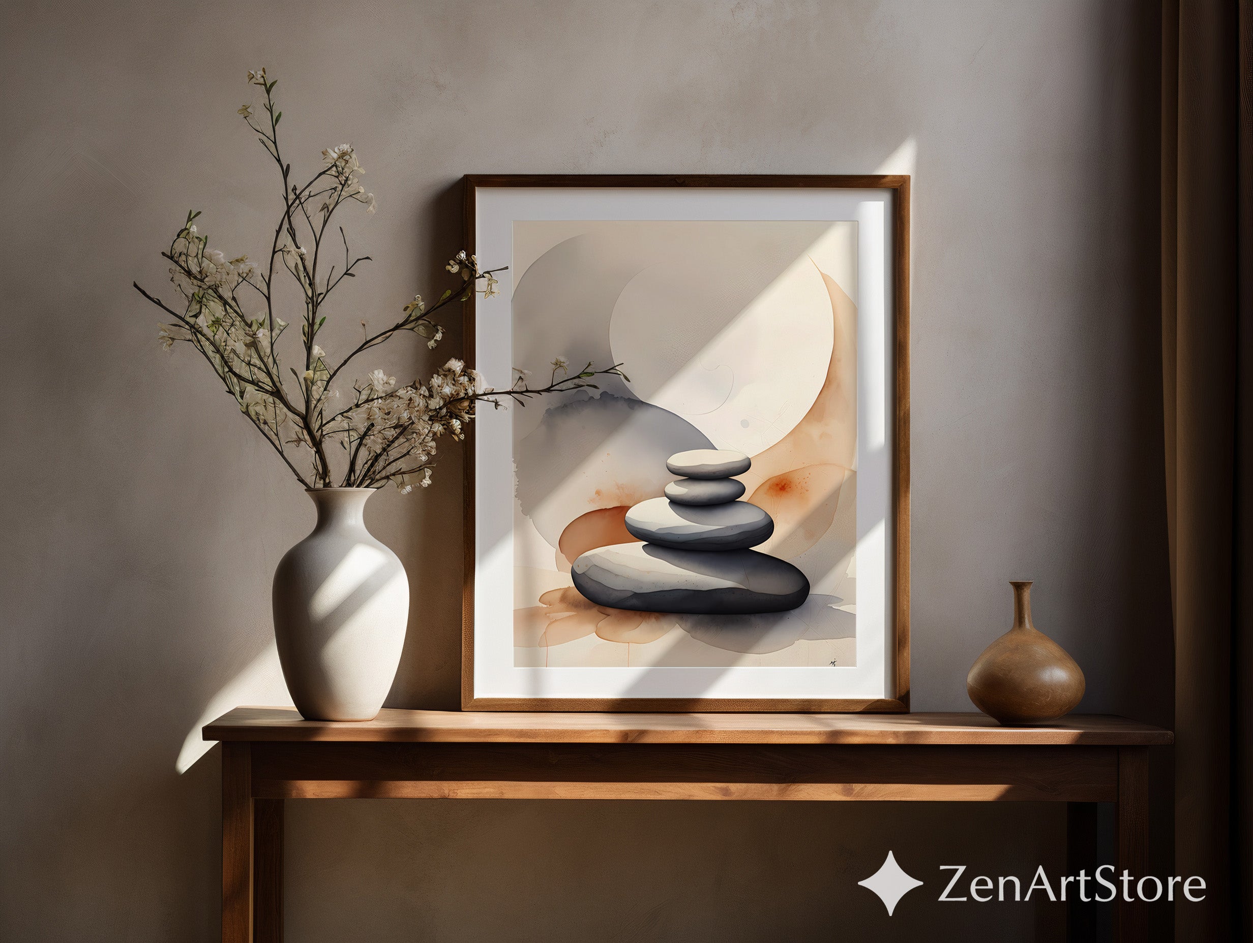 Zen Stacked Stones Print - Neutral Watercolor Minimal Art, Japandi Scandi Calm Wall Decor for Living Room Bedroom Spa