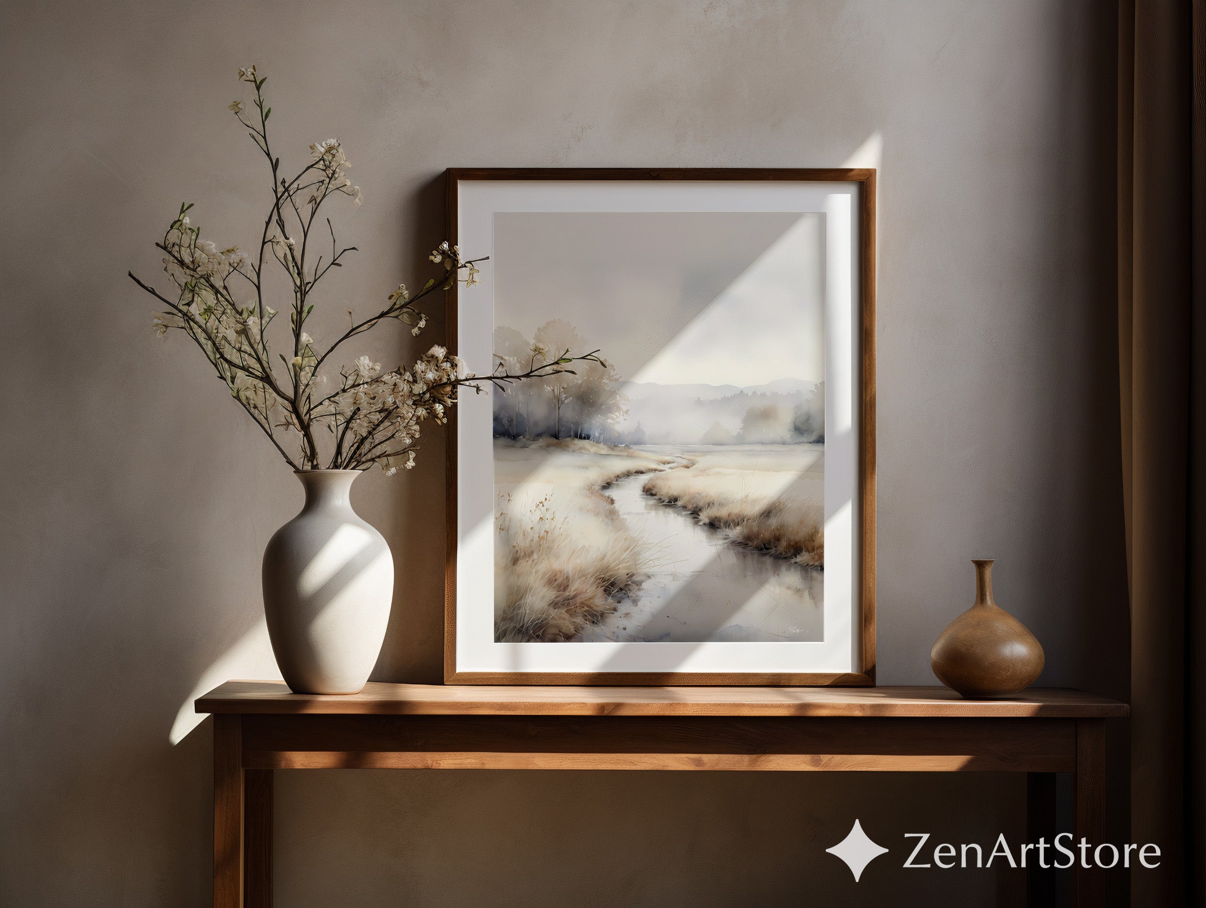 Misty Marsh Watercolor Print - Neutral Beige Landscape Wall Art, Japandi Scandinavian Minimal Home Decor