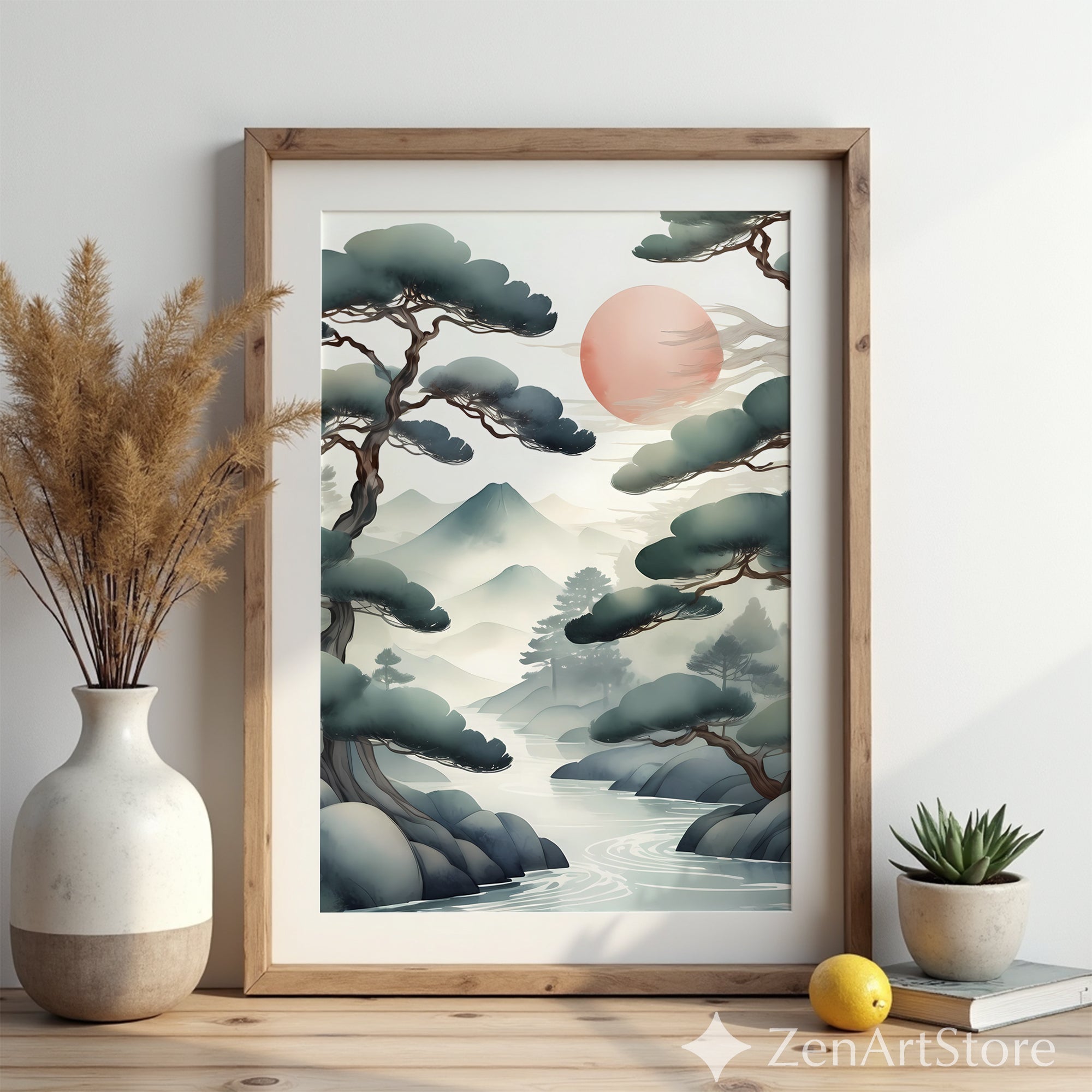 Zen Japanese Landscape Print Misty Pines & Red Sun - Japandi Minimalist Wall Art, Calm Neutral Home Decor (Print or Digital)