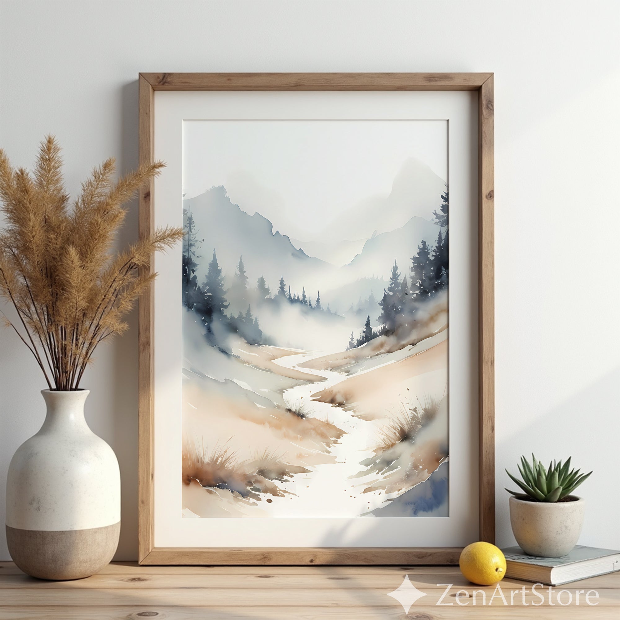 Misty Mountain Valley Watercolor Print - Neutral Minimal Landscape Art for Japandi, Wabi Sabi & Calm Home Decor