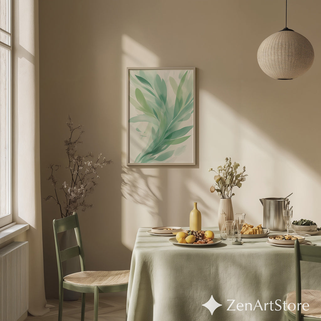 Serene Mint Botanical Art Print - Abstract Green Leaf Wall Art, Minimal Modern Home Decor, Zen Japandi Scandinavian Printable