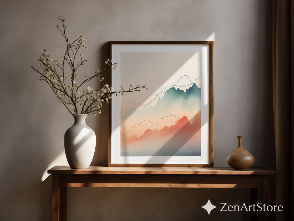 Minimal Abstract Mountain Landscape Wall Art, Japandi Neutral Pastel Line Art Print for Living Room & Bedroom