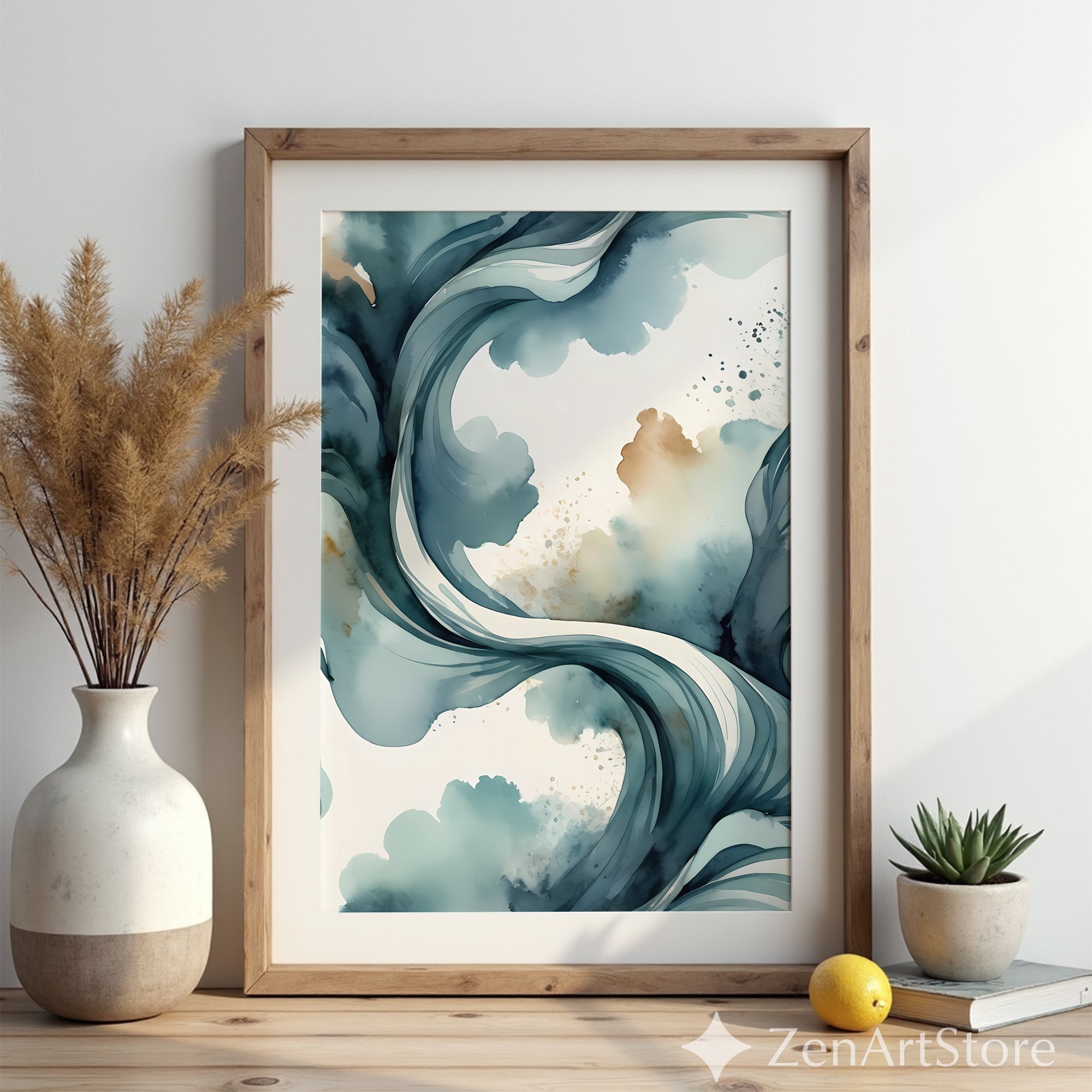 Teal Abstract Wave Wall Art - Modern Watercolor Print for Japandi, Minimalist Blue Beige Home Decor