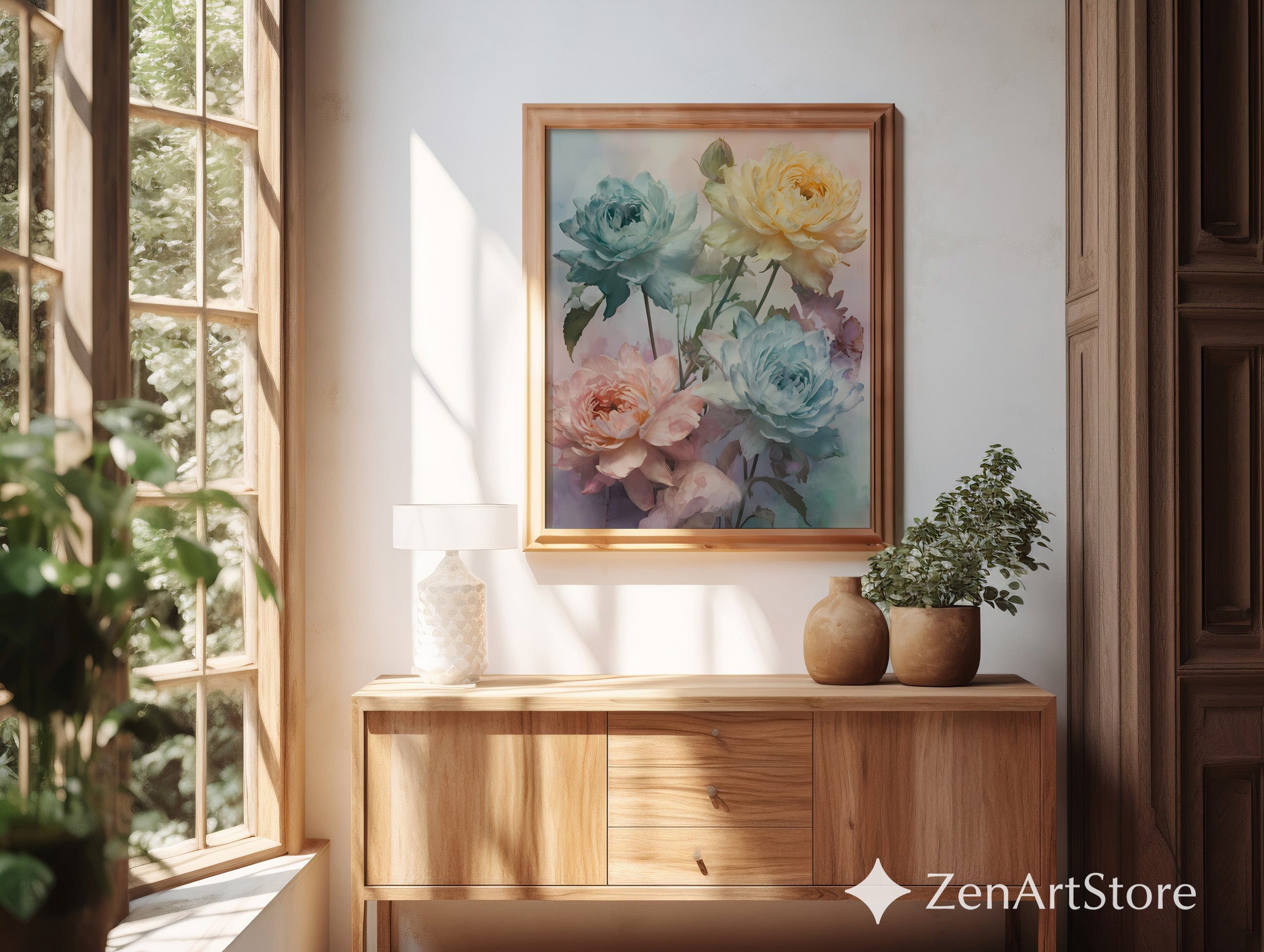 Pastel Peony Floral Wall Art Print, Soft Watercolor Botanical Canvas, Calming Neutral Home Decor (Large Printable)