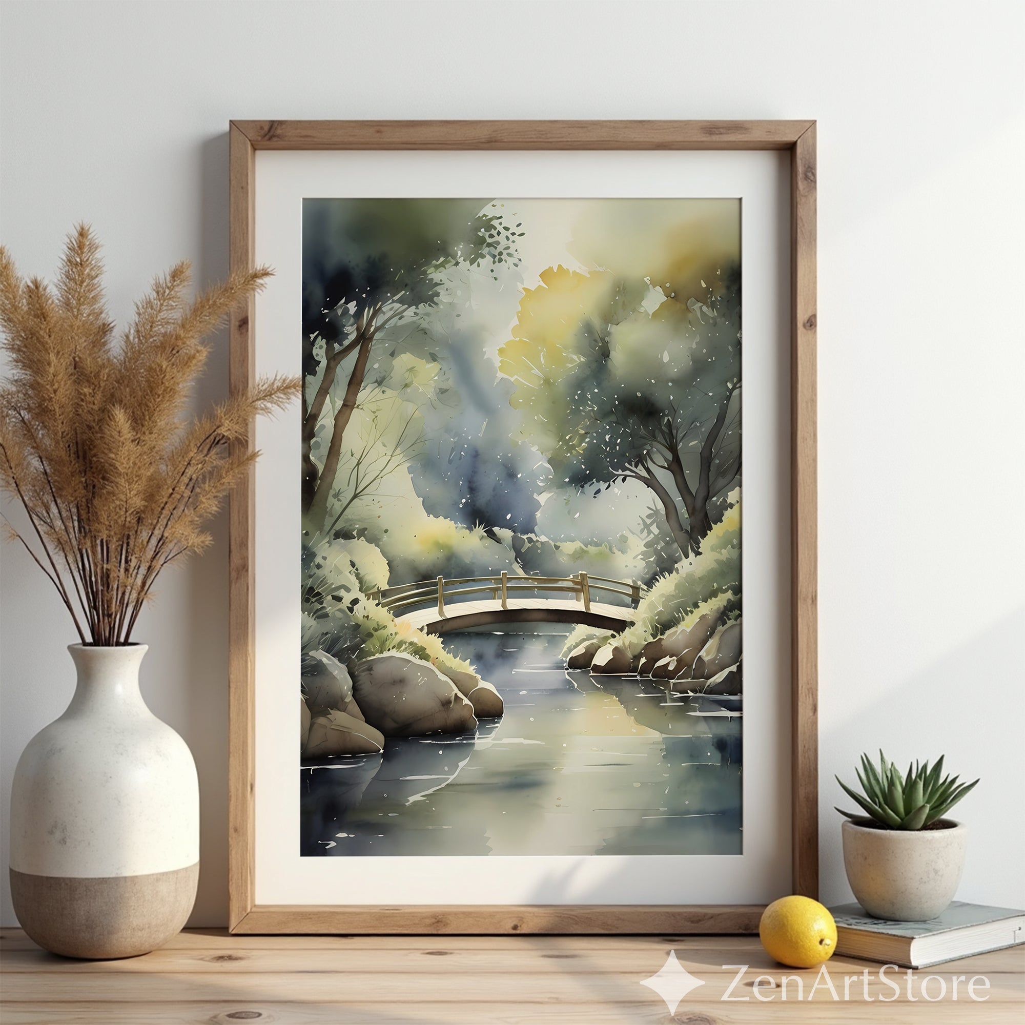 Zen Watercolor Bridge Print - Serene Forest Landscape Art, Japandi Neutral Wall Decor, Calming Giclée or Digital Download