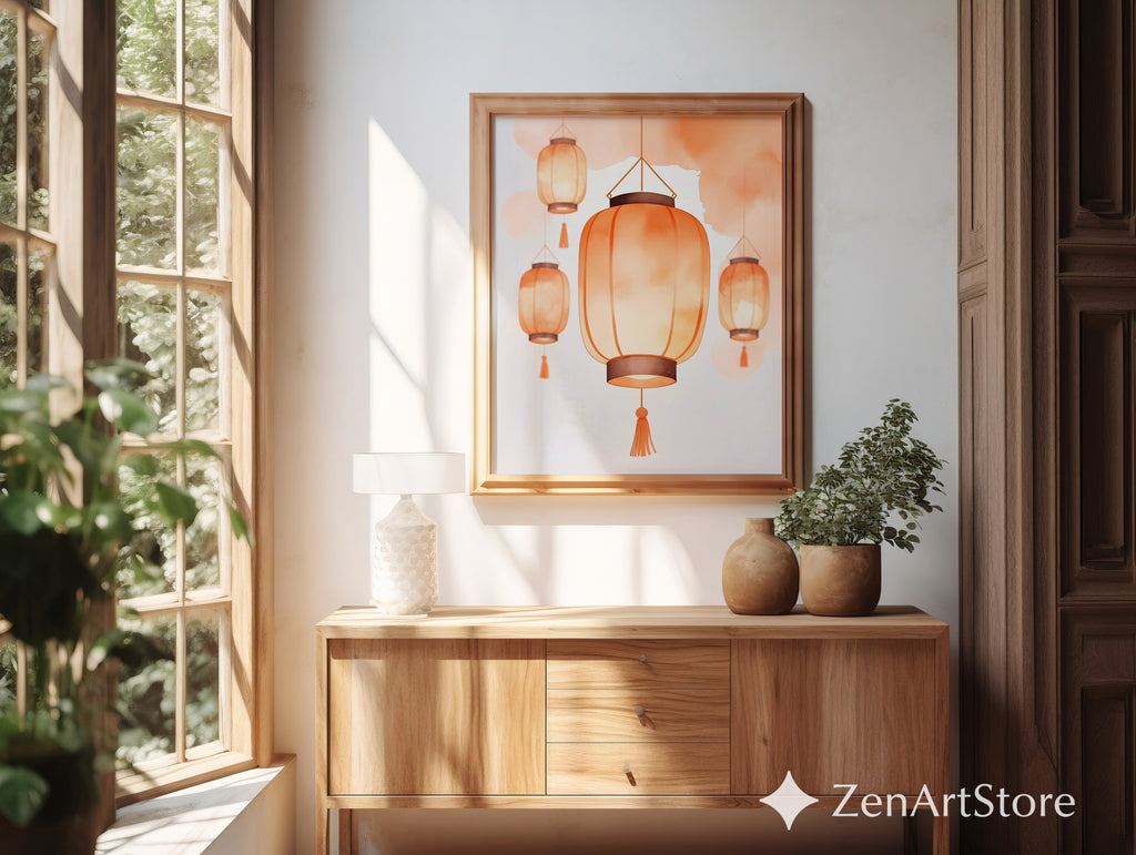 Warm Orange Lantern Wall Art - Minimal Paper Lantern Print, Japandi Zen Home Decor, Digital Download & Fine Art Print