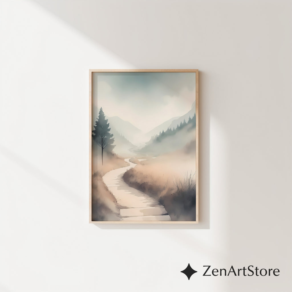 Misty Valley Path Print — Neutral Minimal Landscape Art for Japandi, Wabi Sabi Home Decor