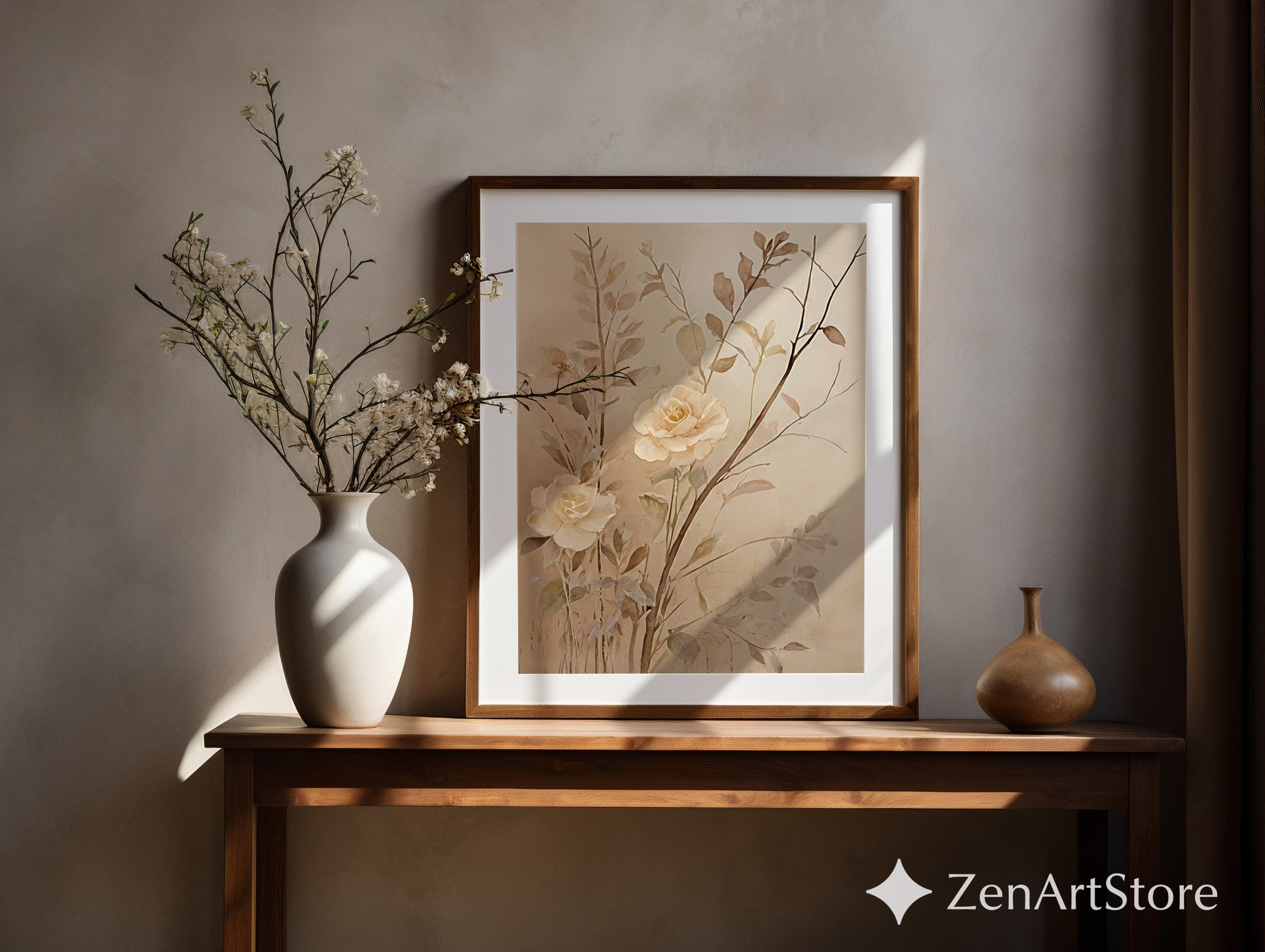 Neutral Botanical Rose Wall Art - Beige Minimalist Floral Print for Living Room, Bedroom, Japandi Wabi Sabi Home Decor