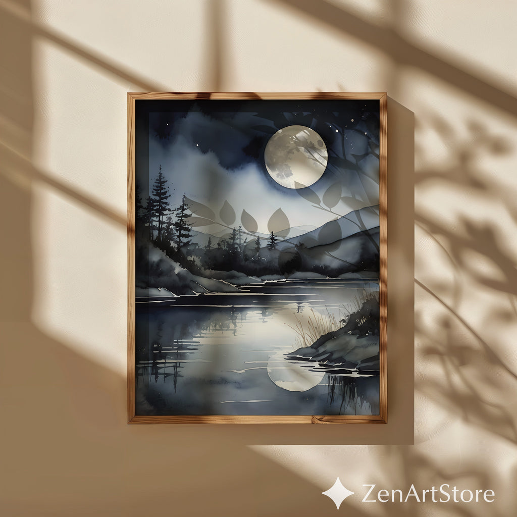 Moonlight Lake Watercolor Print - Night Sky Reflection Wall Art, Minimal Scandinavian Moon Landscape for Bedroom
