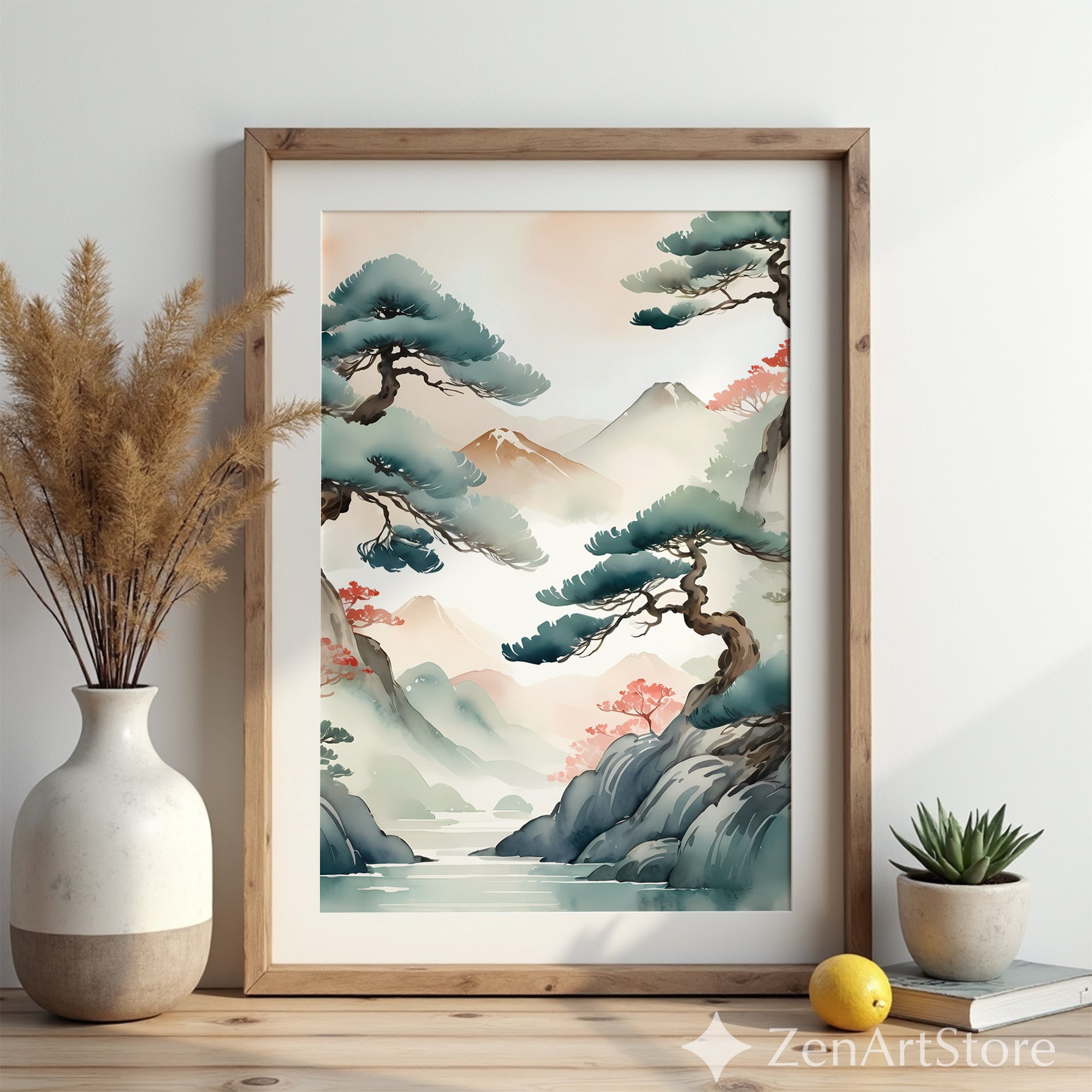 Serene Japandi Pine Landscape Wall Art - Zen Watercolor Mountain Print, Minimal Japanese Botanical Home Decor