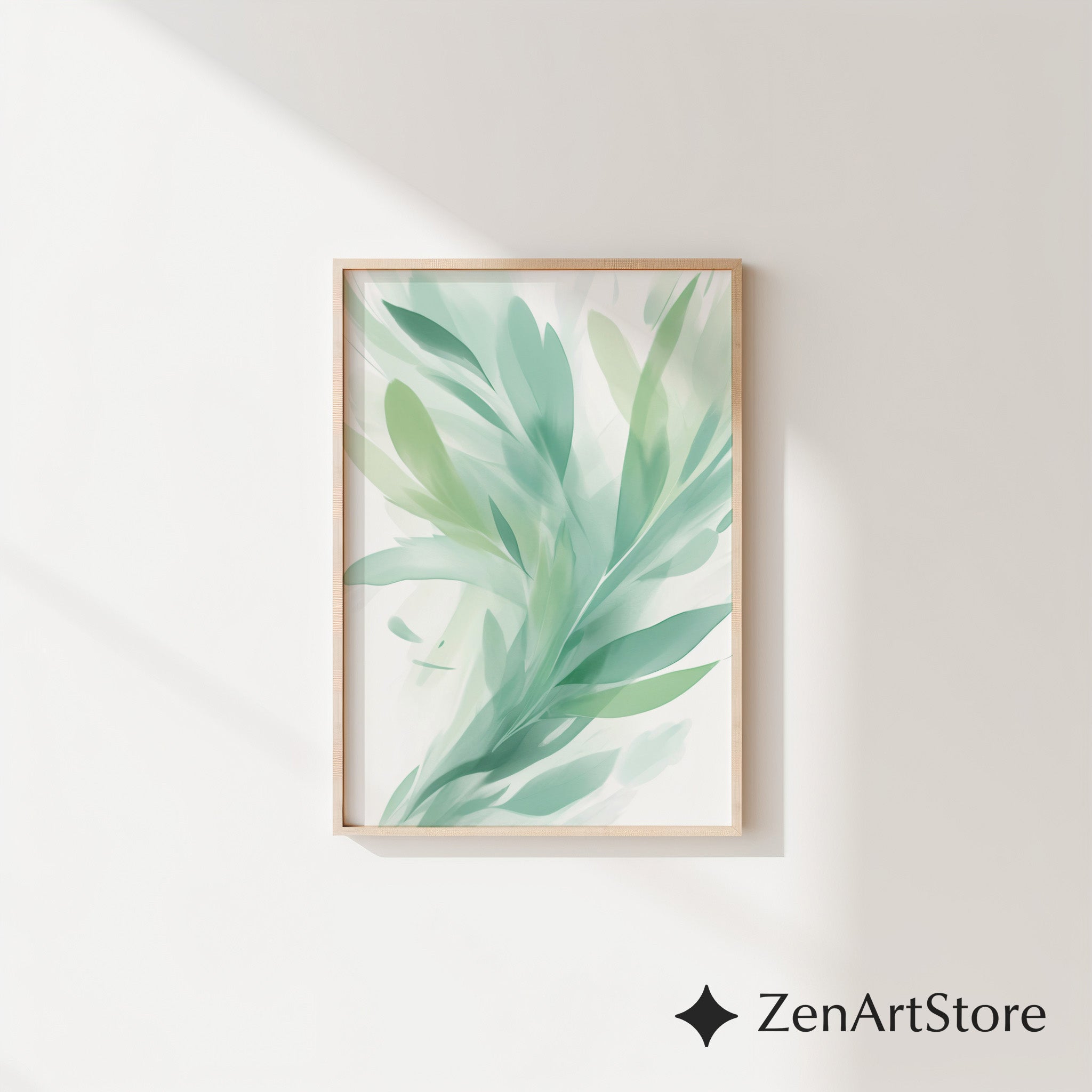 Serene Mint Botanical Art Print - Abstract Green Leaf Wall Art, Minimal Modern Home Decor, Zen Japandi Scandinavian Printable