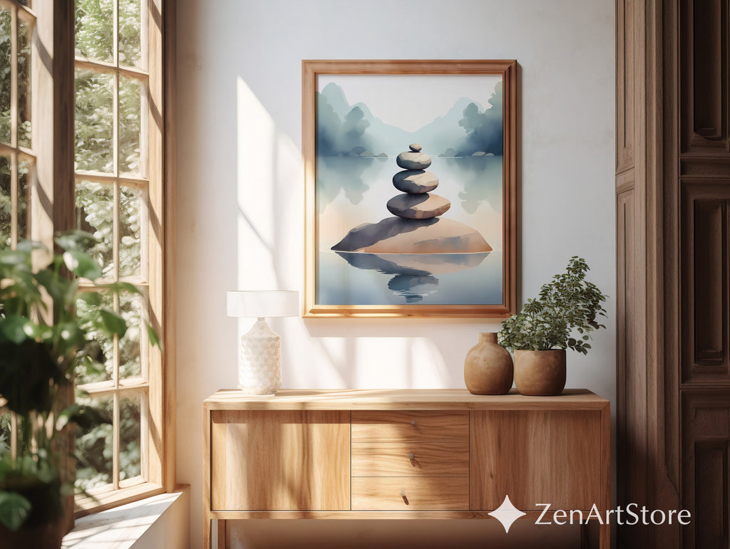 Zen Stacked Stones Lake Art Print - Minimal Japandi Wall Decor, Calm Neutral Landscape for Home & Spa