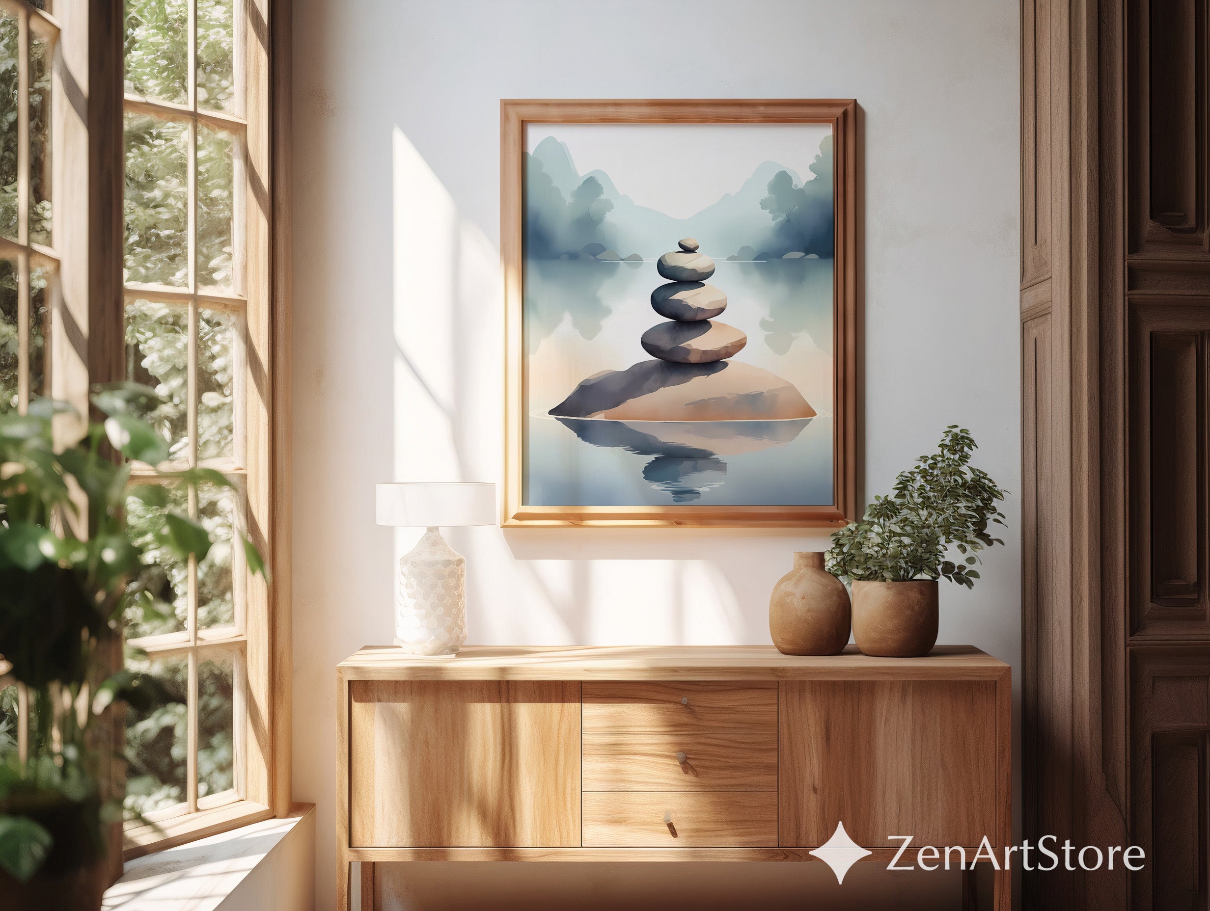 Zen Stacked Stones Lake Art Print - Minimal Japandi Wall Decor, Calm Neutral Landscape for Home & Spa