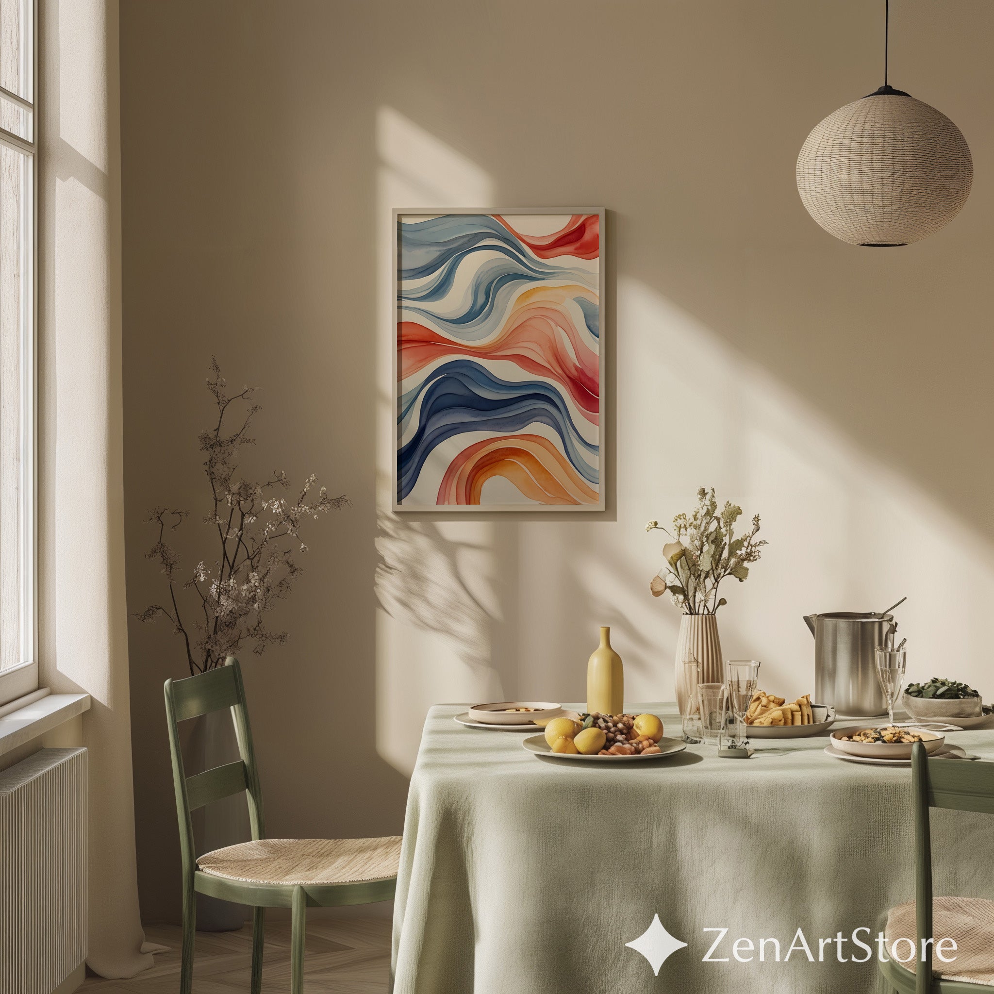 Abstract Wave Watercolor Print - Blue Coral Orange Modern Wall Art for Living Room, Minimal Home Decor