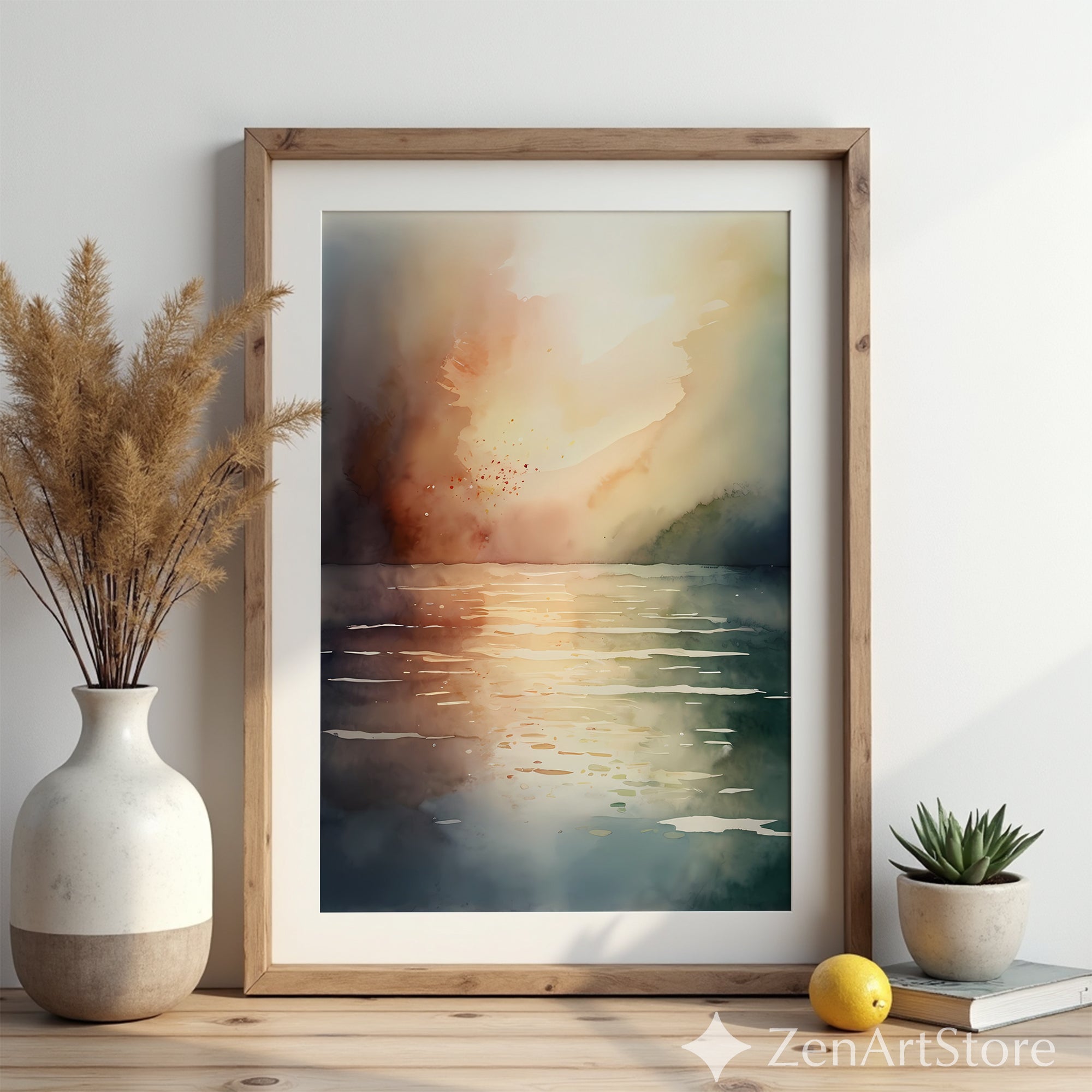 Serene Abstract Sunset Watercolor Print - Neutral Japandi Coastal Wall Art, Minimalist Living Room Decor