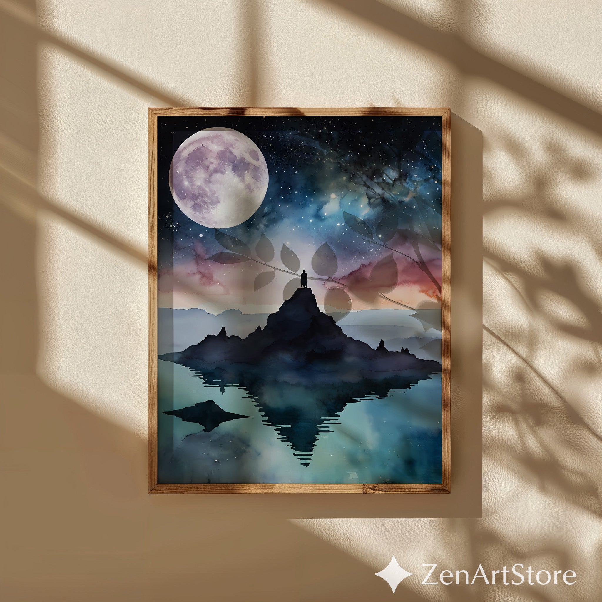 Moonlit Mountain Reflection Art Print - Celestial Watercolor Landscape, Minimal Zen Home Decor, Calm Cosmic Wall Art