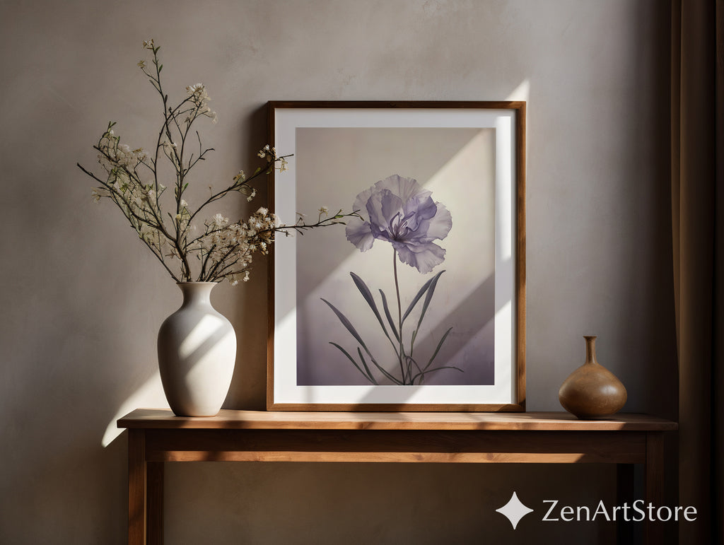 Lavender Single Bloom Botanical Print - Minimal Flower Wall Art for Living Room, Bedroom, Japandi & Scandinavian Home Decor