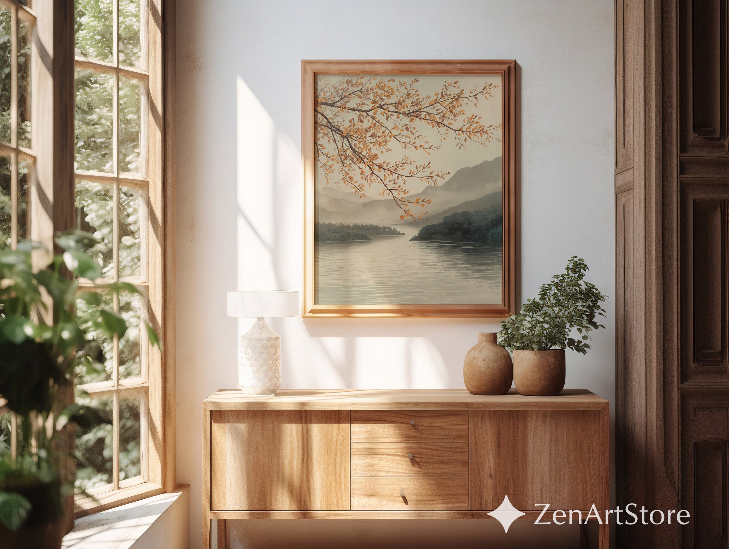 Autumn Lake Branch Wall Art - Neutral Japandi Landscape Print Minimal Zen Botanical Home Decor