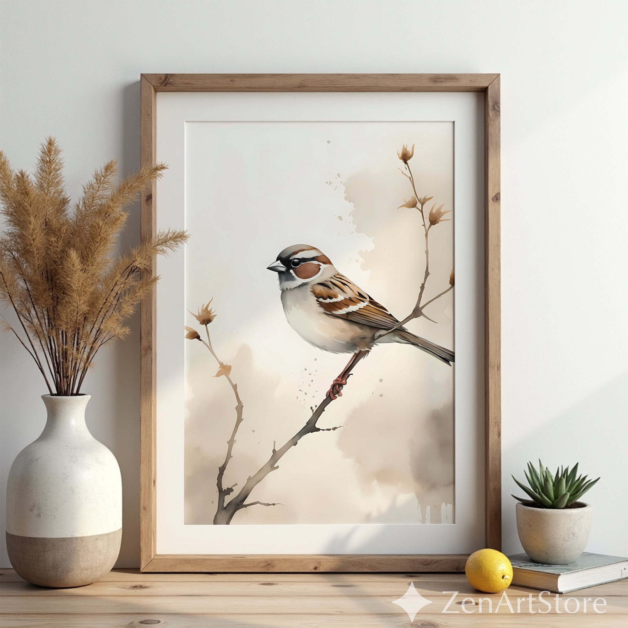 Sparrow Watercolor Print | Minimal Neutral Bird Wall Art for Living Room, Nursery, Japandi Scandinavian Home Decor