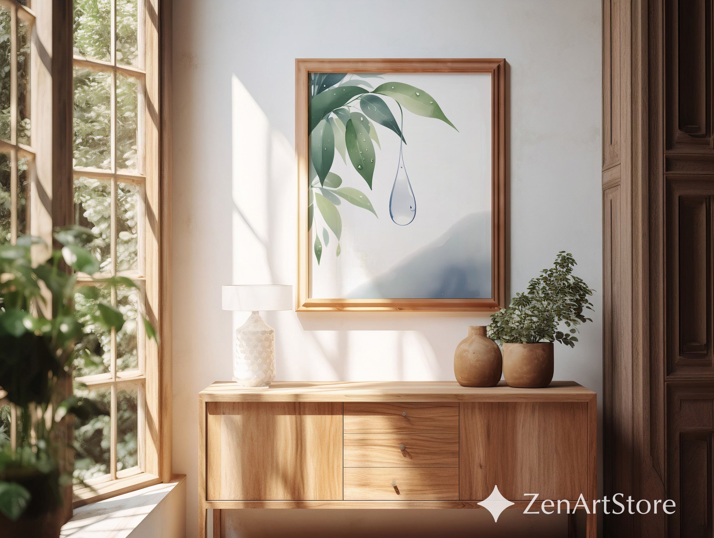 Minimal Botanical Water Droplet Print - Zen Japandi Wall Art, Green Leaf Watercolor, Calm Neutral Home Decor