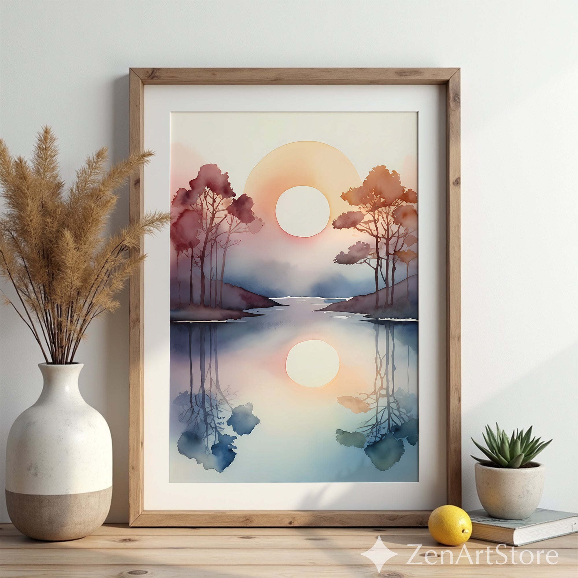 Watercolor Sunrise Reflection Print - Minimal Zen Landscape Wall Art for Japandi, Scandinavian & Boho Home Decor