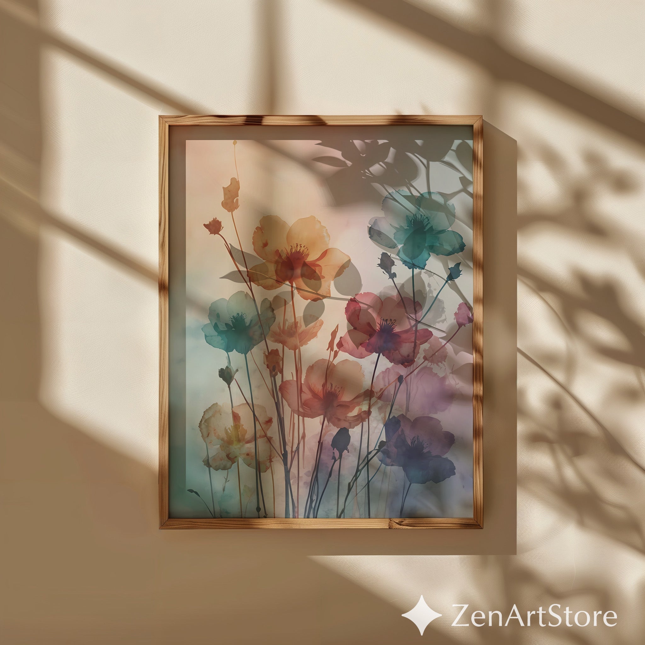 Watercolor Floral Wall Art Print - Pastel Botanical Poster, Calm Boho Minimalist Decor for Living Room, Bedroom, Japandi Scandinavian