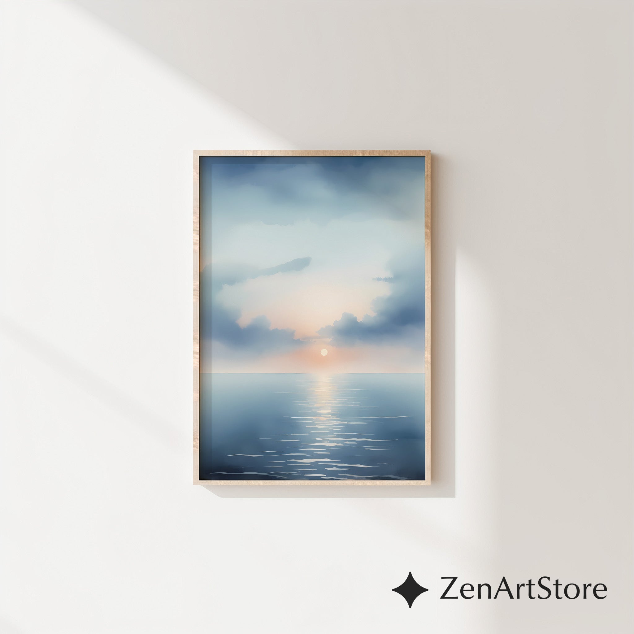 Serene Seascape Sunrise Wall Art - Minimal Ocean Print in Blue & Peach, Zen Japandi Coastal Canvas or Printable
