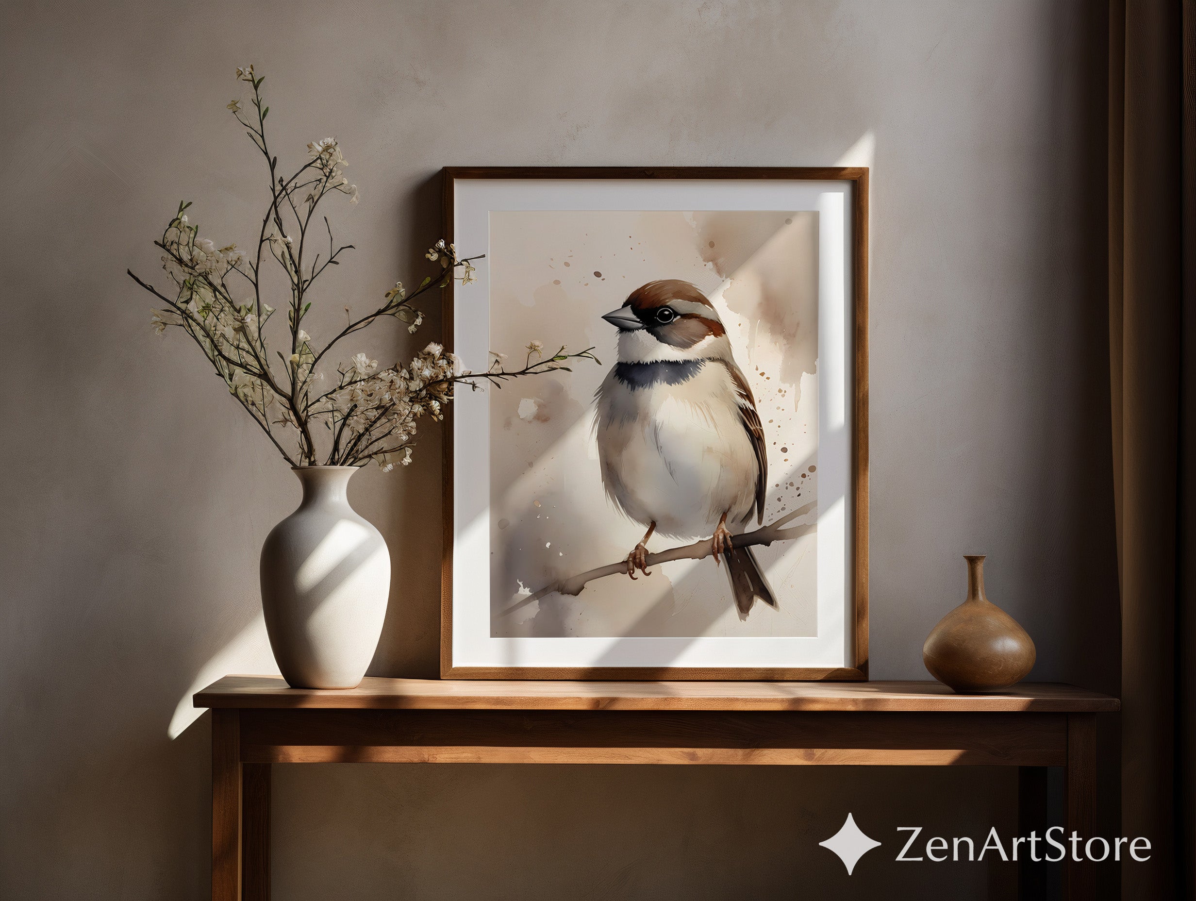 Neutral Sparrow Watercolor Art Print - Minimal Bird Wall Decor for Japandi, Scandinavian & Boho Home