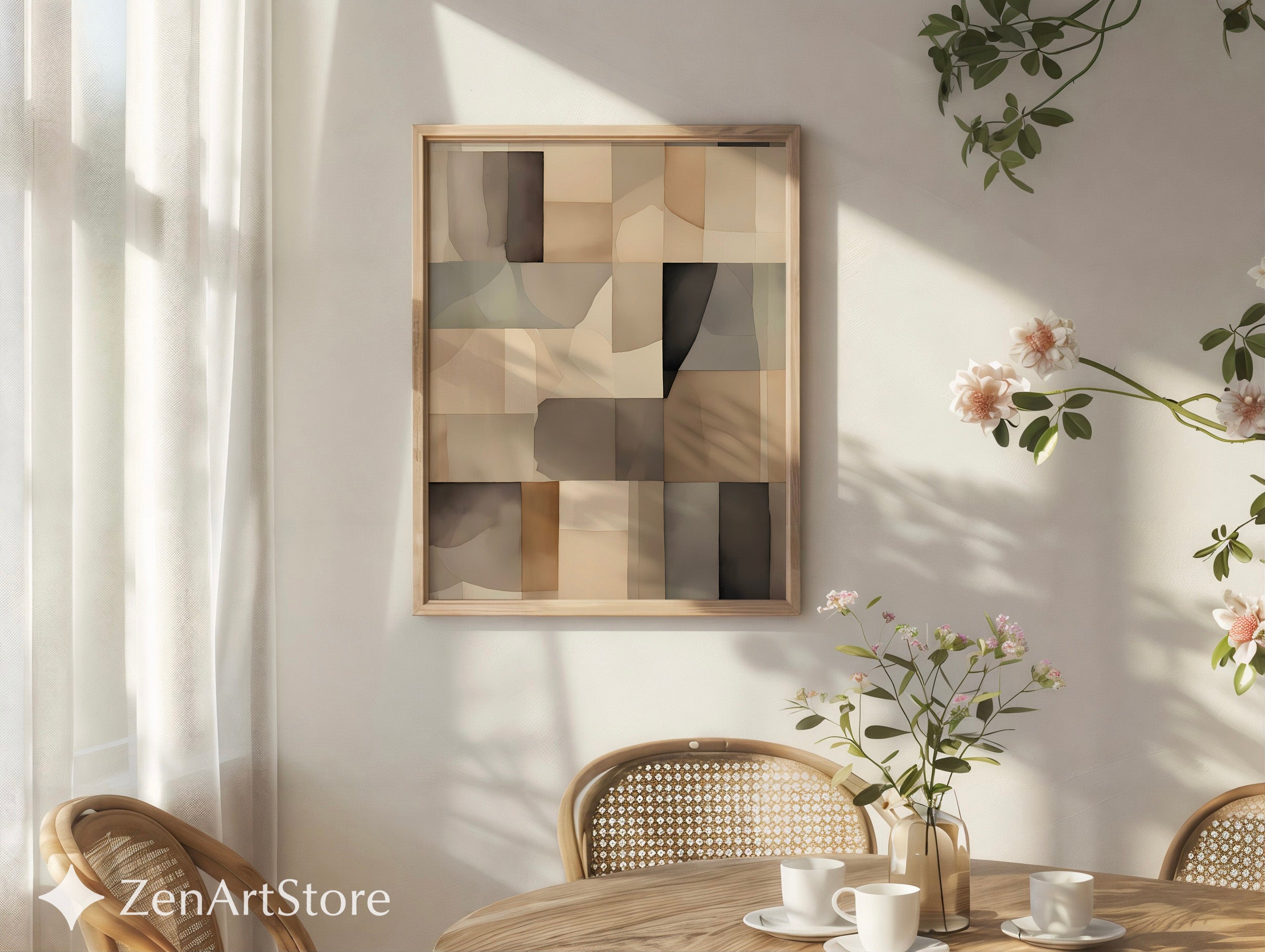 Neutral Abstract Patchwork Wall Art - Minimal Beige Brown Geometric Print for Japandi & Scandinavian Home Decor