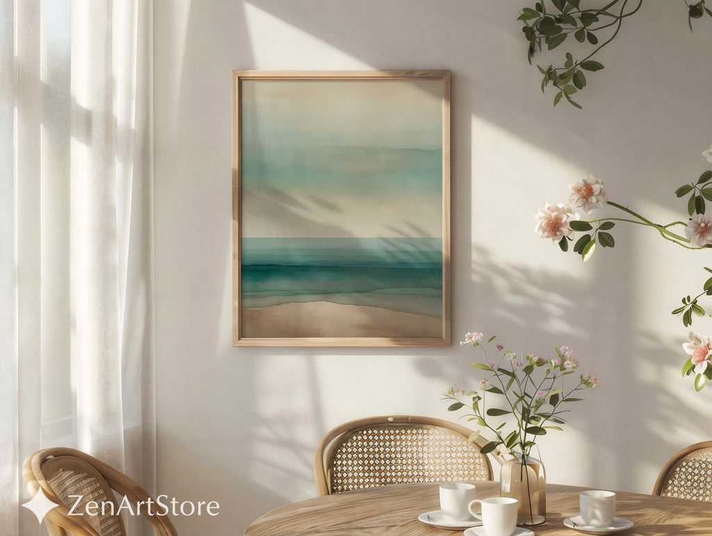 Minimal Coastal Seascape Print - Soft Teal & Beige Abstract Beach Wall Art, Zen Japandi Scandinavian Neutral Home Decor