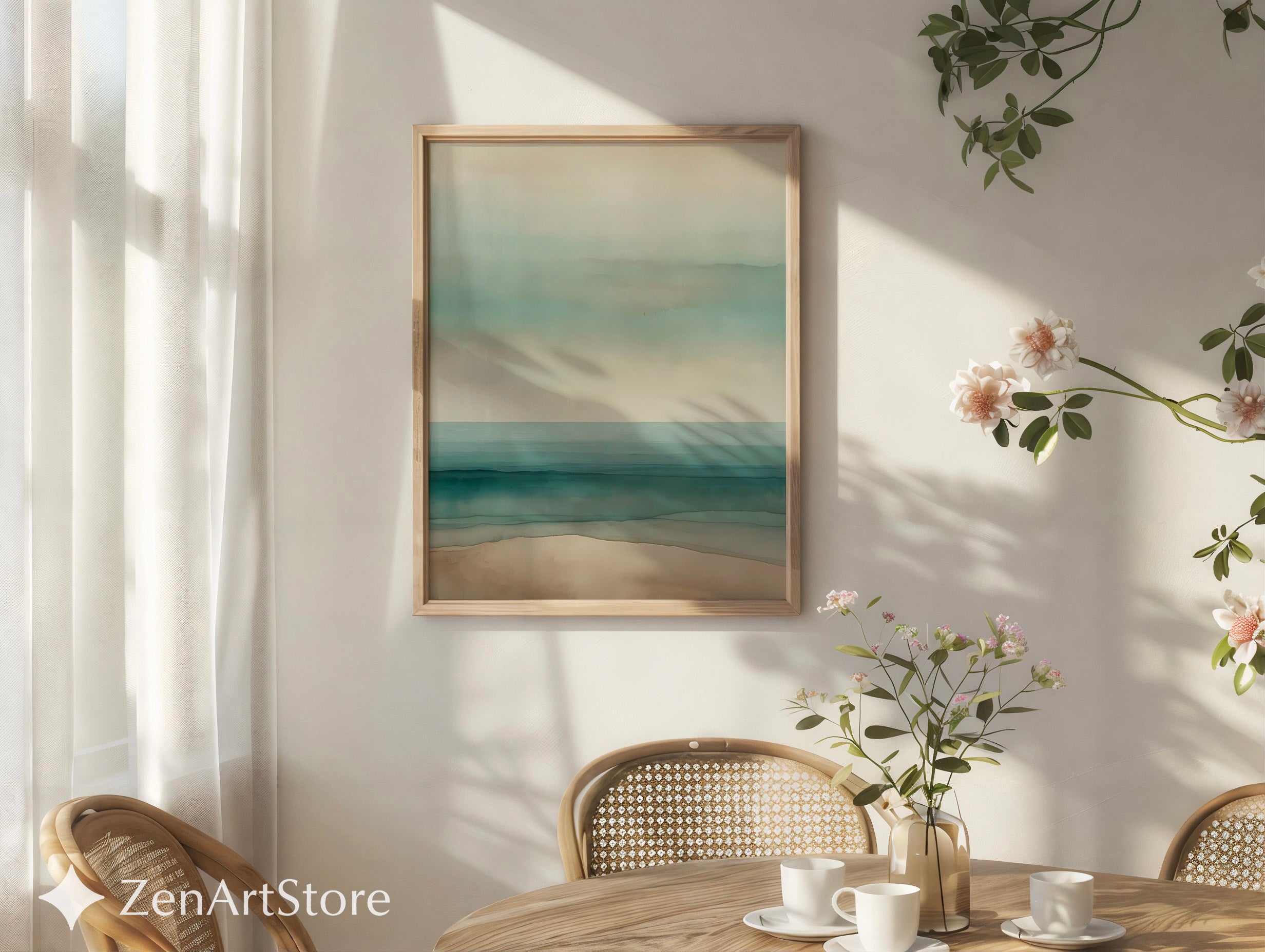 Minimal Coastal Seascape Print - Soft Teal & Beige Abstract Beach Wall Art, Zen Japandi Scandinavian Neutral Home Decor