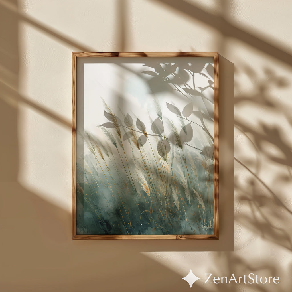 Pampas Grass Wall Art Print – Neutral Botanical Minimalist Canvas, Calm Teal Beige Landscape for Living Room, Bedroom, Japandi Home Decor