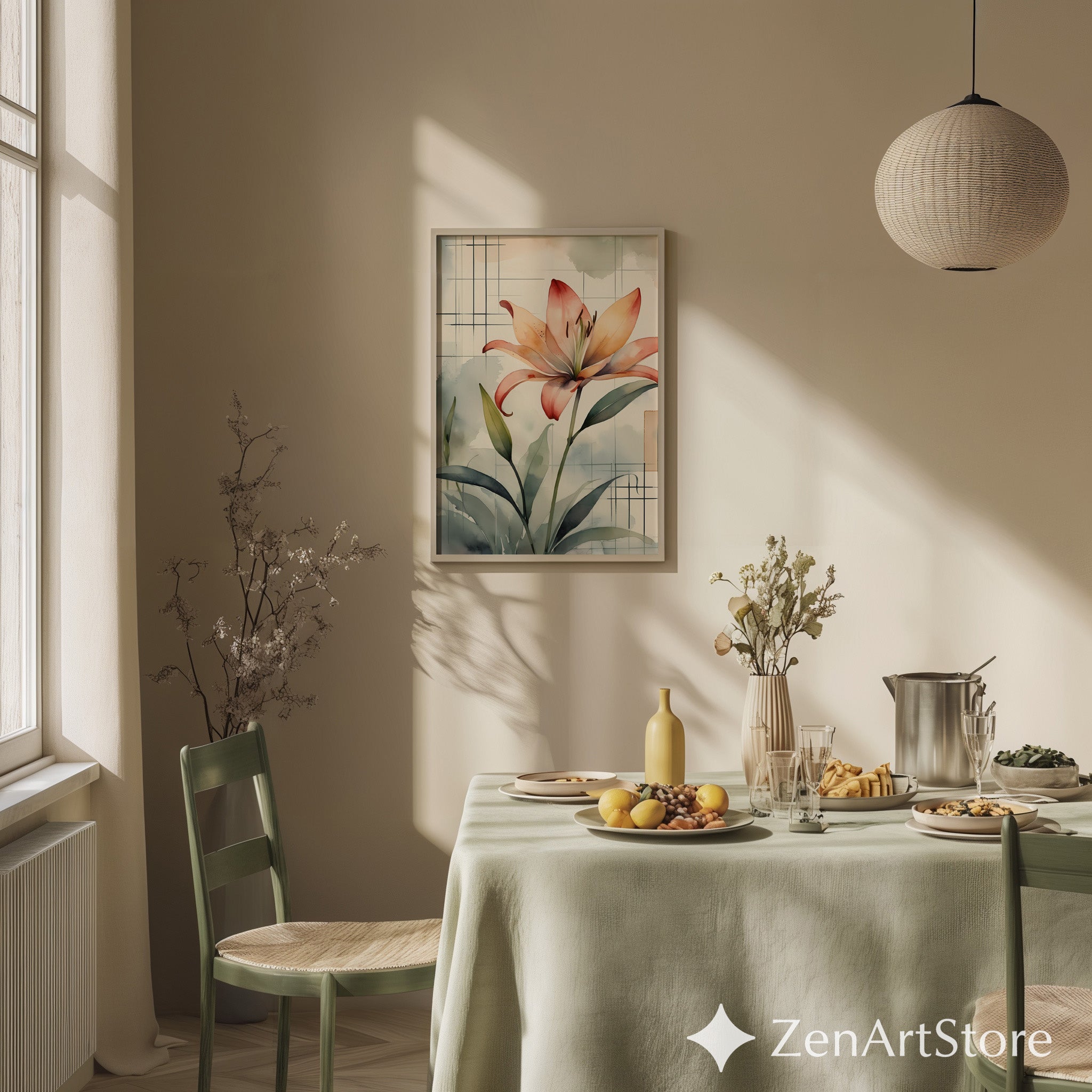 Peach Lily Watercolor Wall Art - Botanical Floral Print, Japandi Minimal Canvas or Printable, Neutral Modern Home Decor