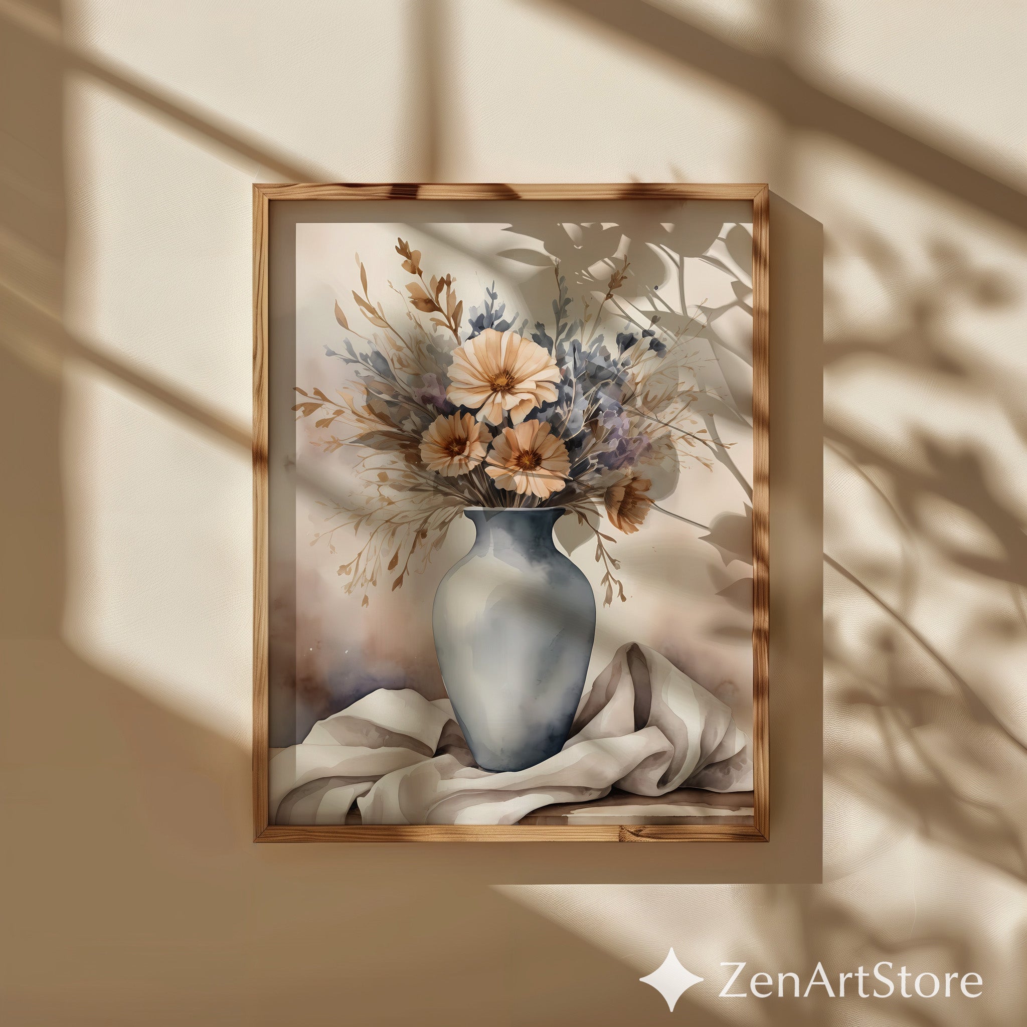 Neutral Floral Vase Art Print - Japandi Wabi Sabi Beige Botanical Wall Decor, Minimal Scandinavian Home Accent