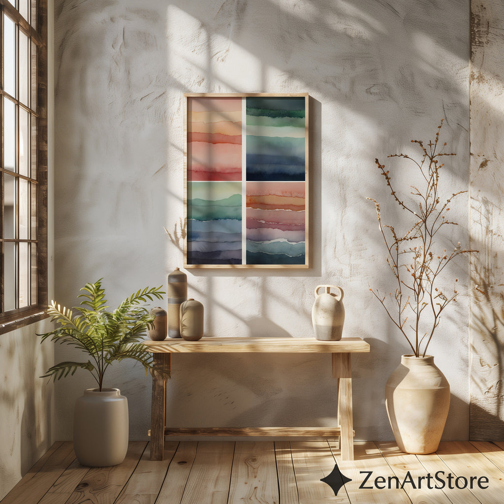 Abstract Watercolor Wall Art Set of 4 – Minimal Layered Landscapes, Neutral Japandi Boho Prints for Living Room & Bedroom, Printable Digital Download